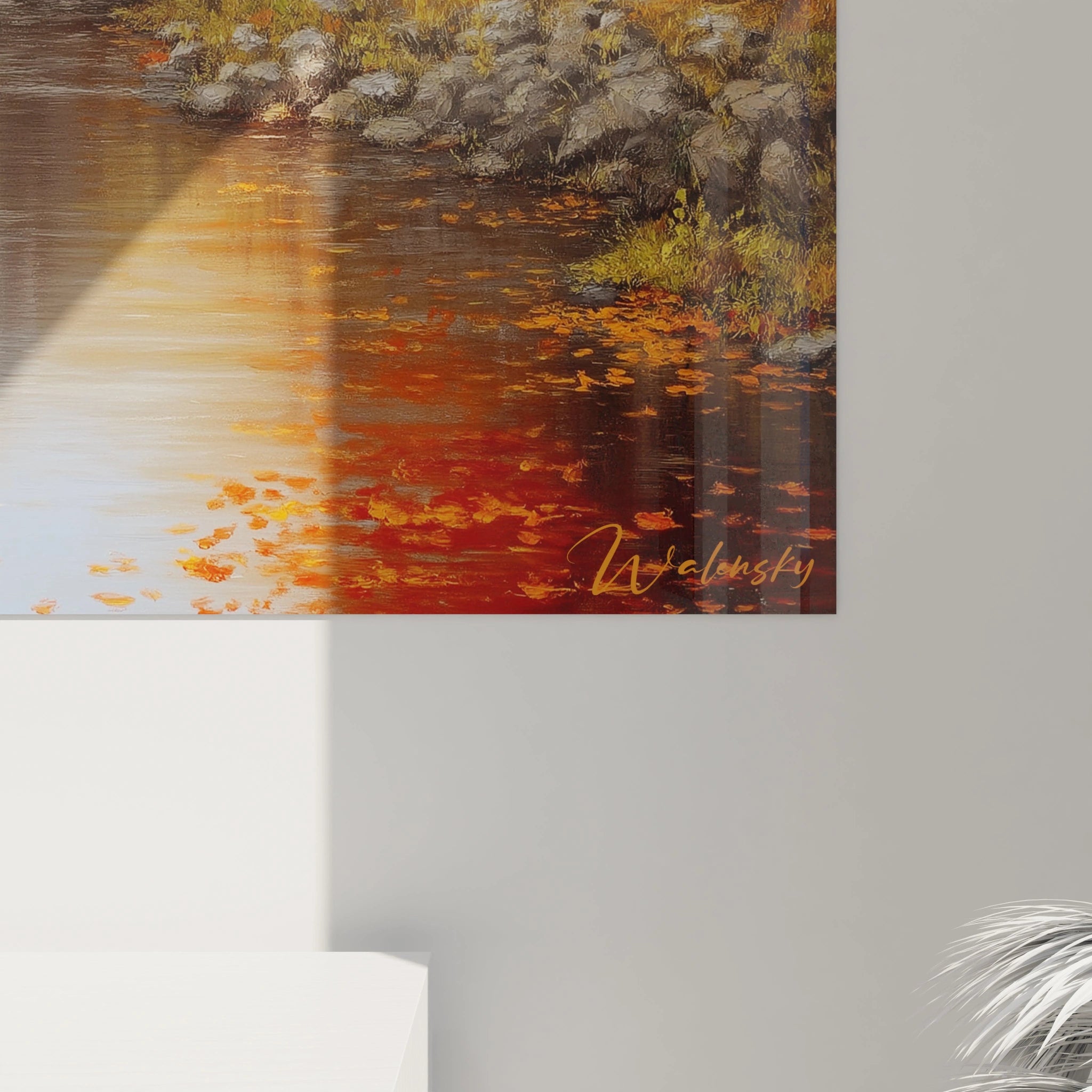 Tableau mural Walensky tableau église automne rivière automnale feuilles flottantes rochers et reflet