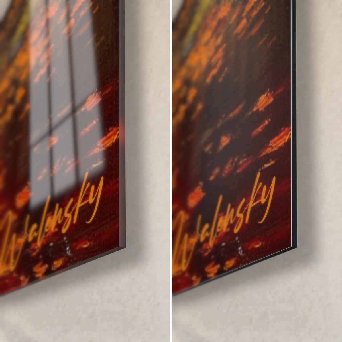 Wall art autumn chapel in oil painting, bottom right corner: glossy glass with reflections, matte Dibond, 3 mm edge
