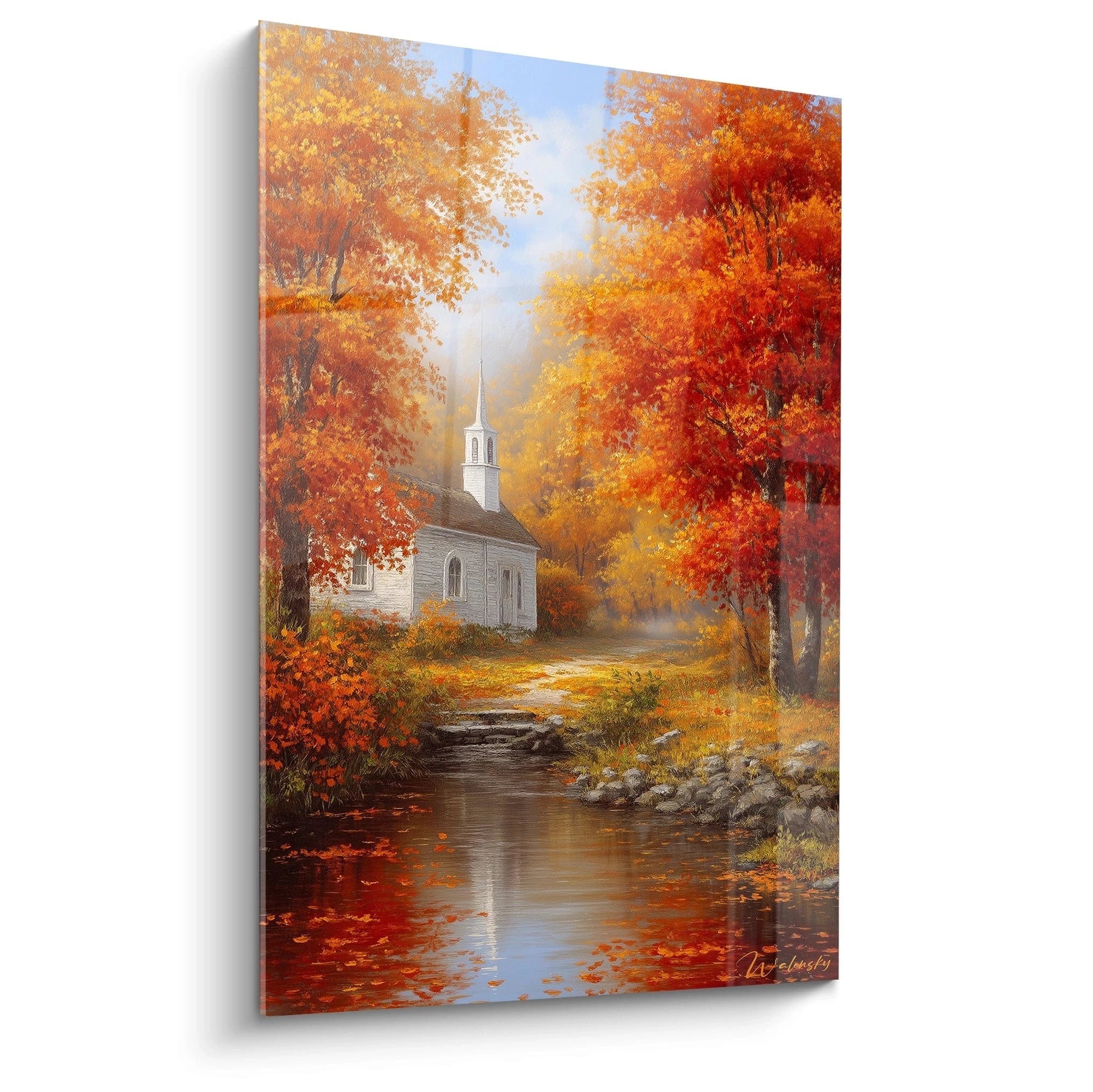 tableau église automne Walensky tableau mural paysage d'automne avec petite église au bord d'une rivière décoration murale salon
