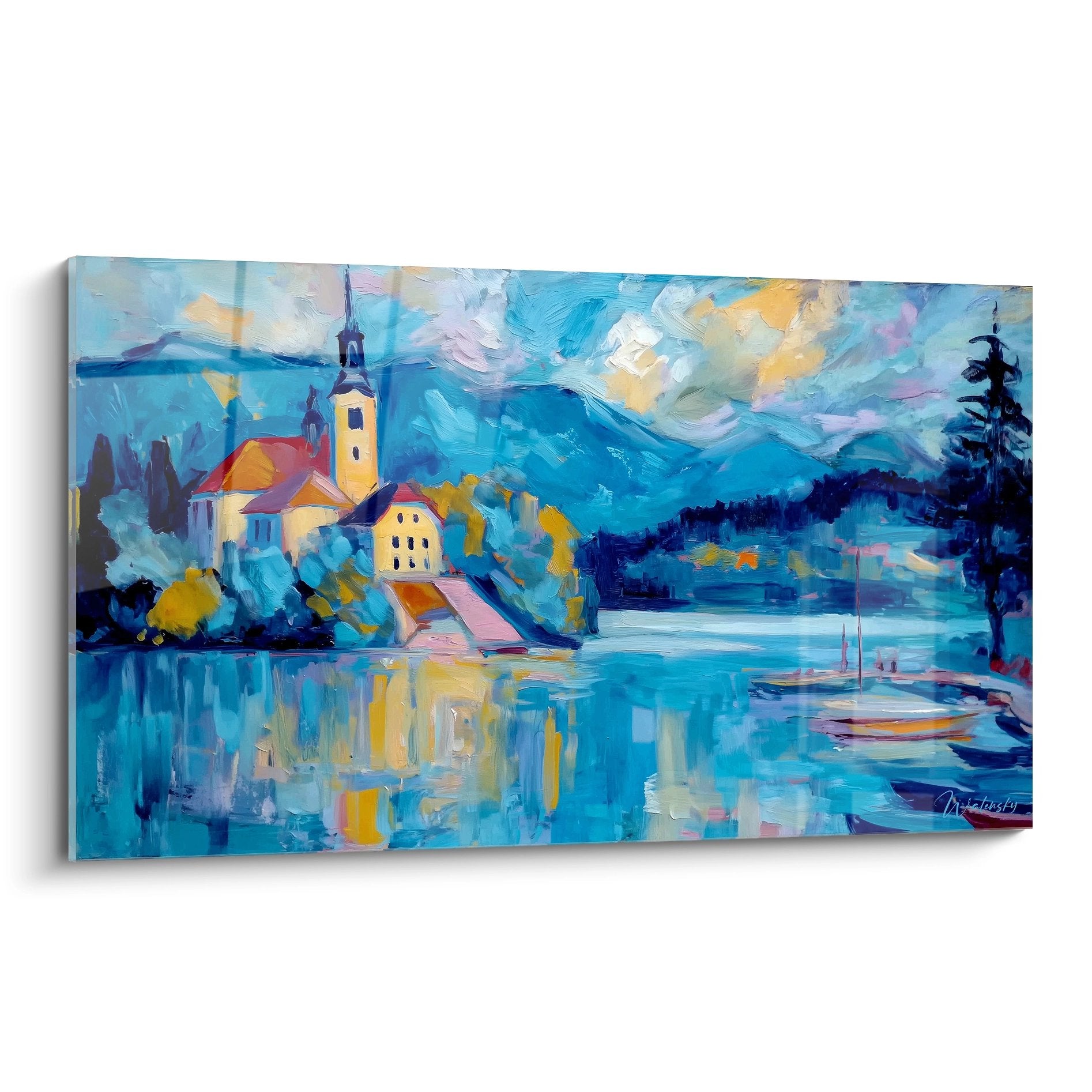 Tableau paysage lac alpin avec église au clocher, montagnes bleues et reflets sur l'eau, style impressionniste