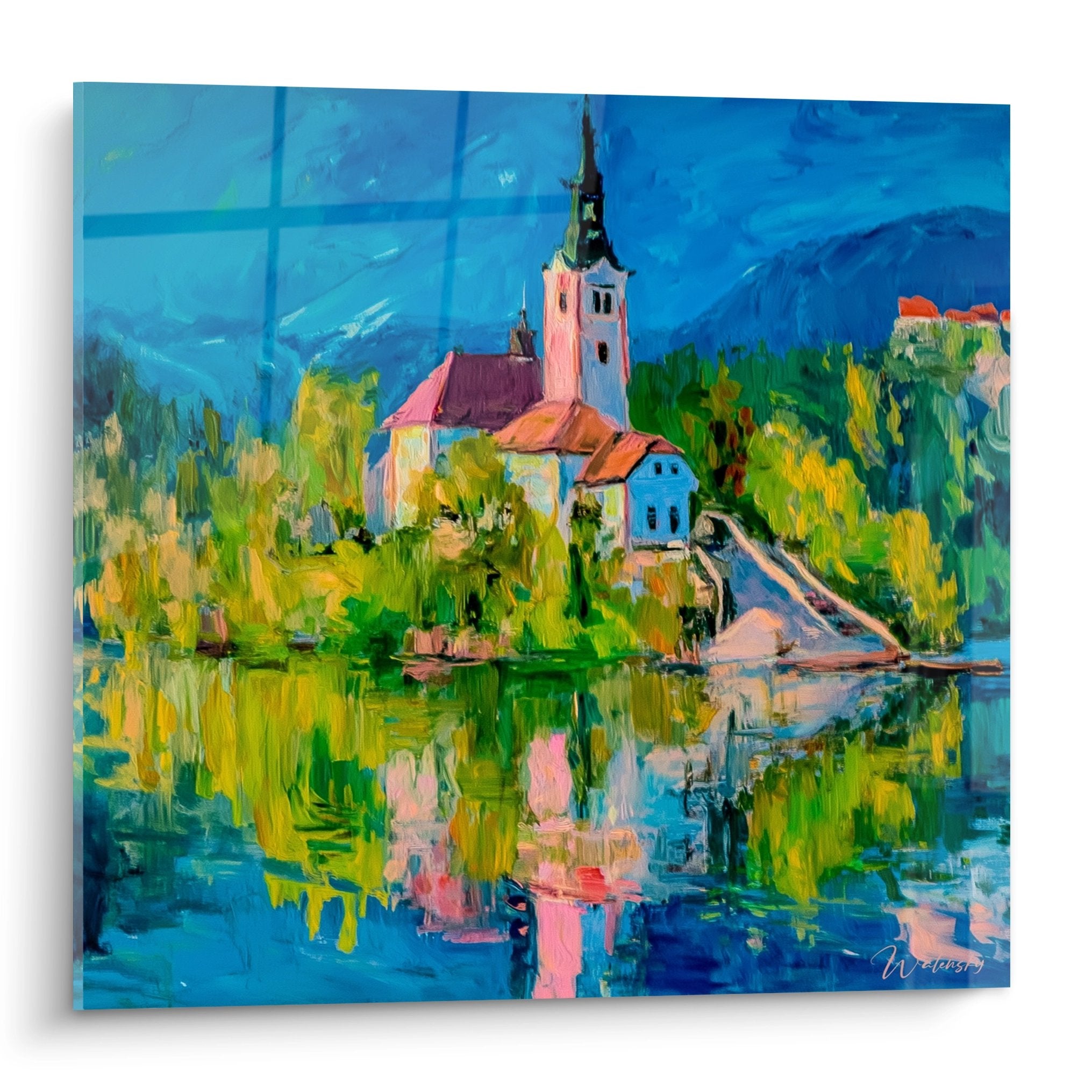 Tableau église lac alpin reflets colorés impressionniste art mural paysage montagne