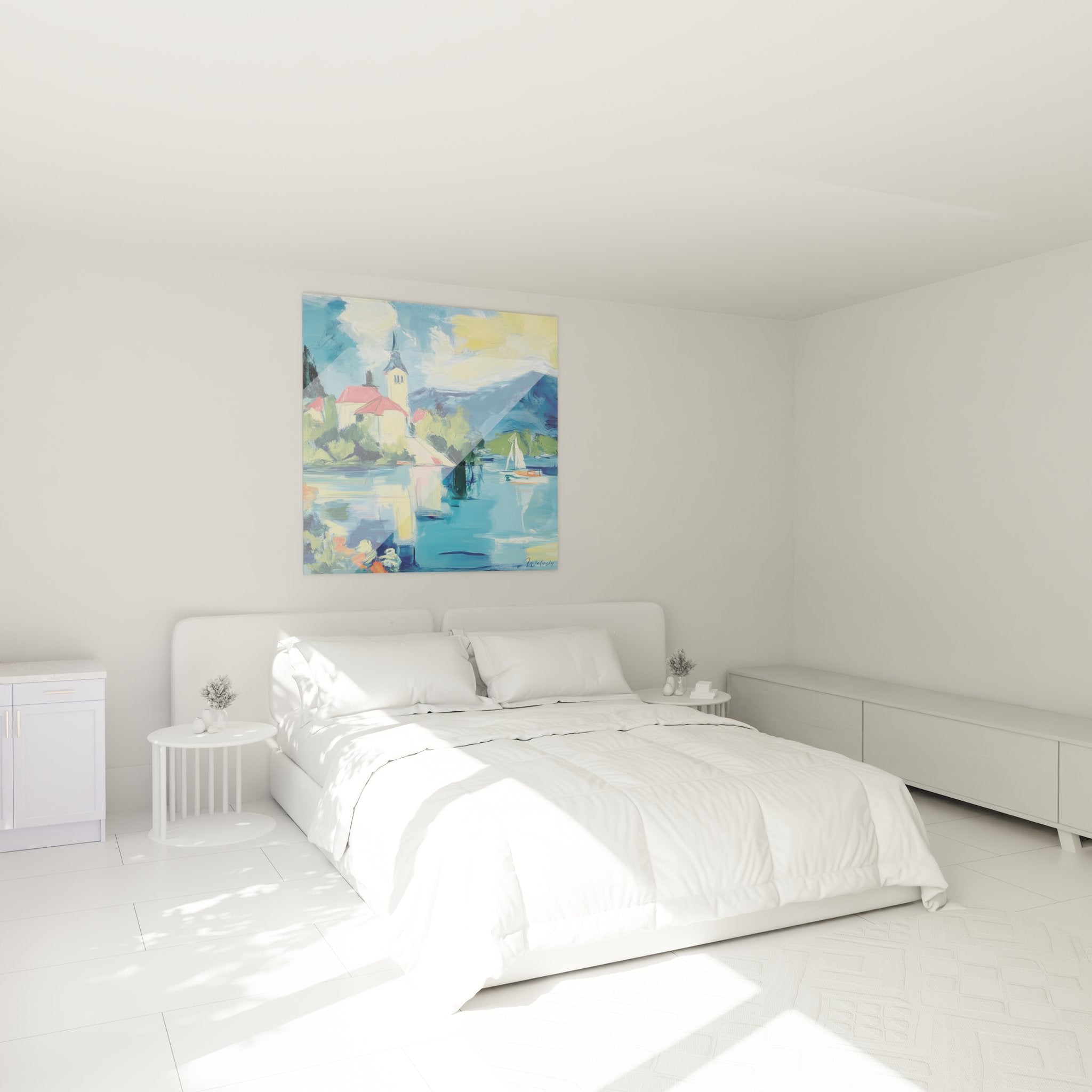 Tableau église lac montagne ambiance chambre décoration murale paysage alpin serein couleurs douces