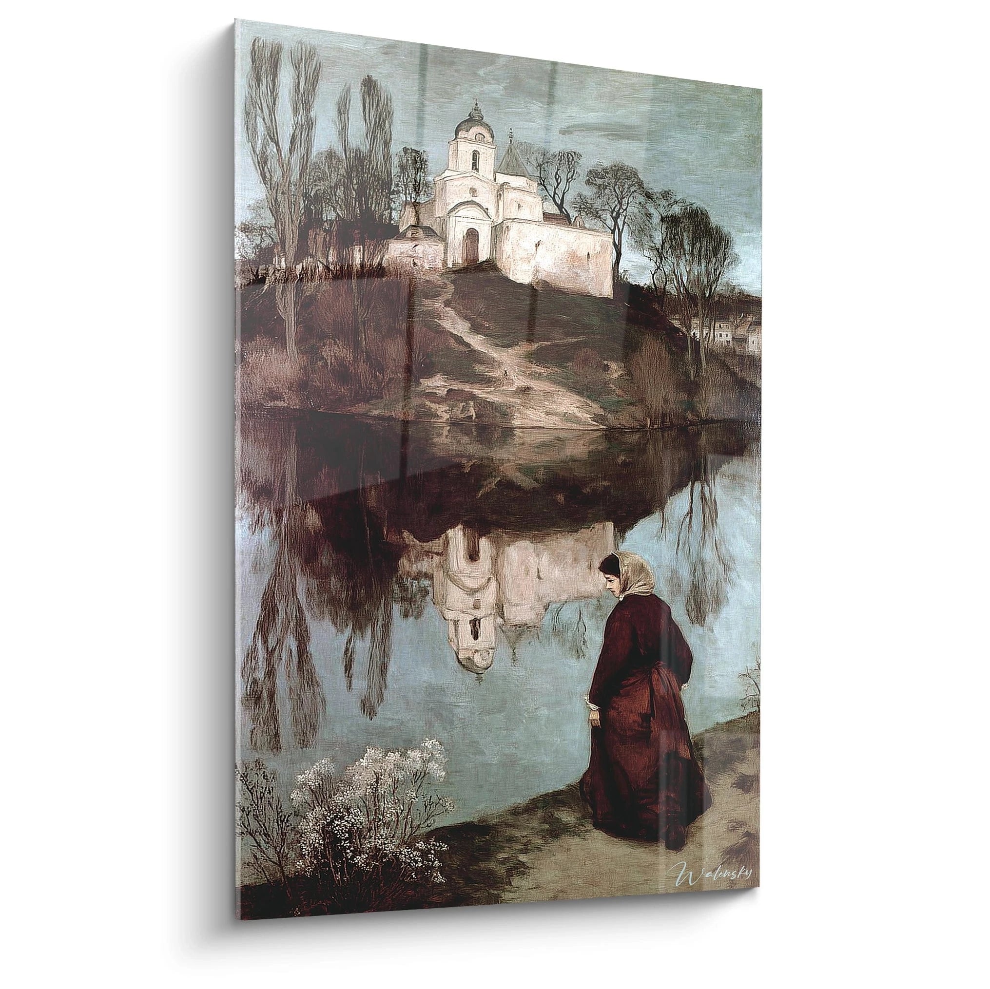 Tableau mural Walensky tableau église réalisme montrant une église blanche reflétée dans l eau femme au bord