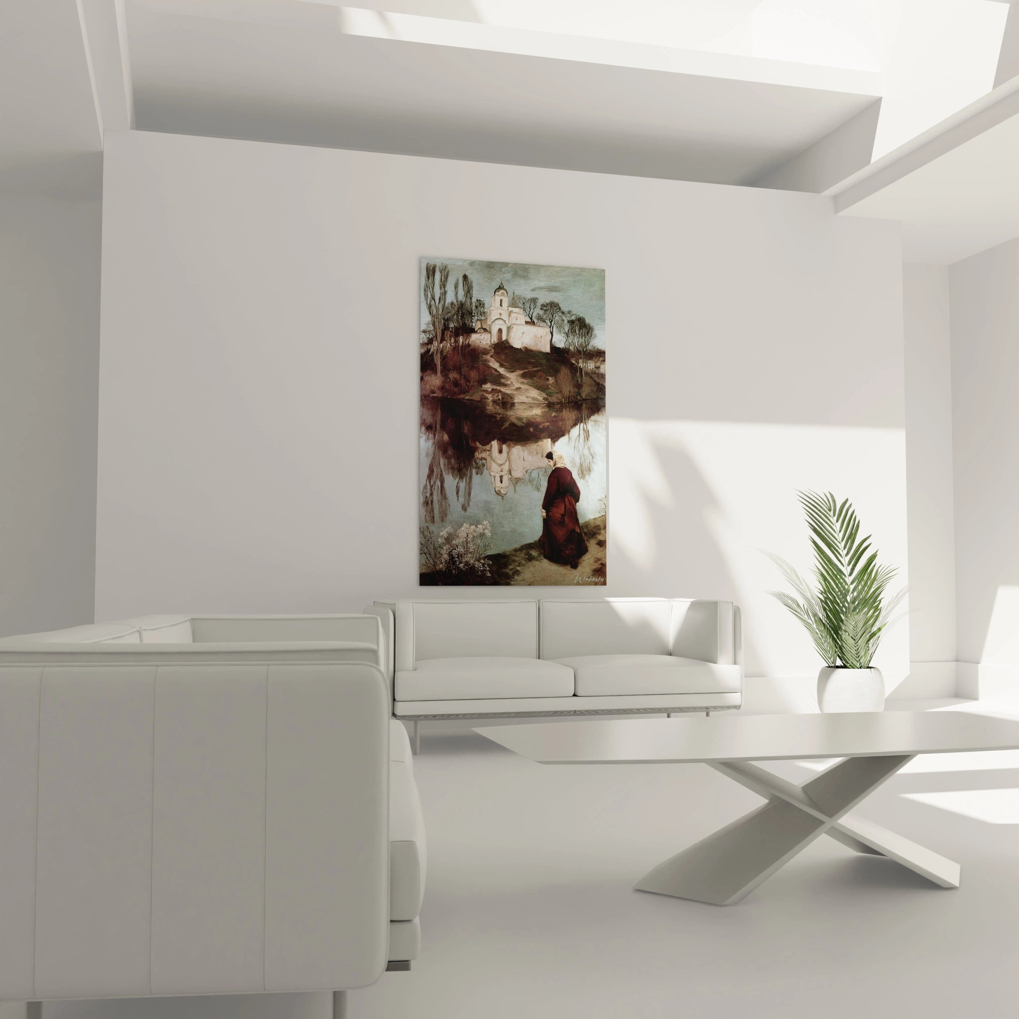 Walensky tableau église réalisme mural au dessus d un canapé dans salon blanc montrant église reflétée et personnage