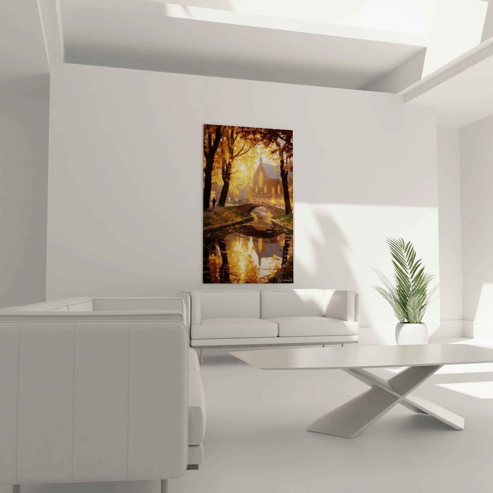 tableau église automne Walensky montrant une église avec pont et reflet au bord du ruisseau pour décor salon