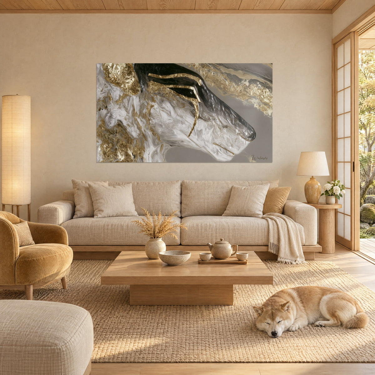 Tableau antilope de profil, crinière blanche marbrée de feuilles d'or sur fond taupe, au-dessus d'un canapé dans un salon lumineux