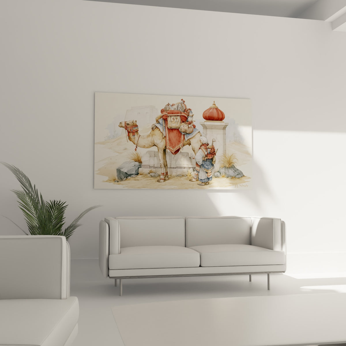 Caravane egypte peinte en aquarelle terracotta et beige au-dessus d'un canapé dans un salon lumineux