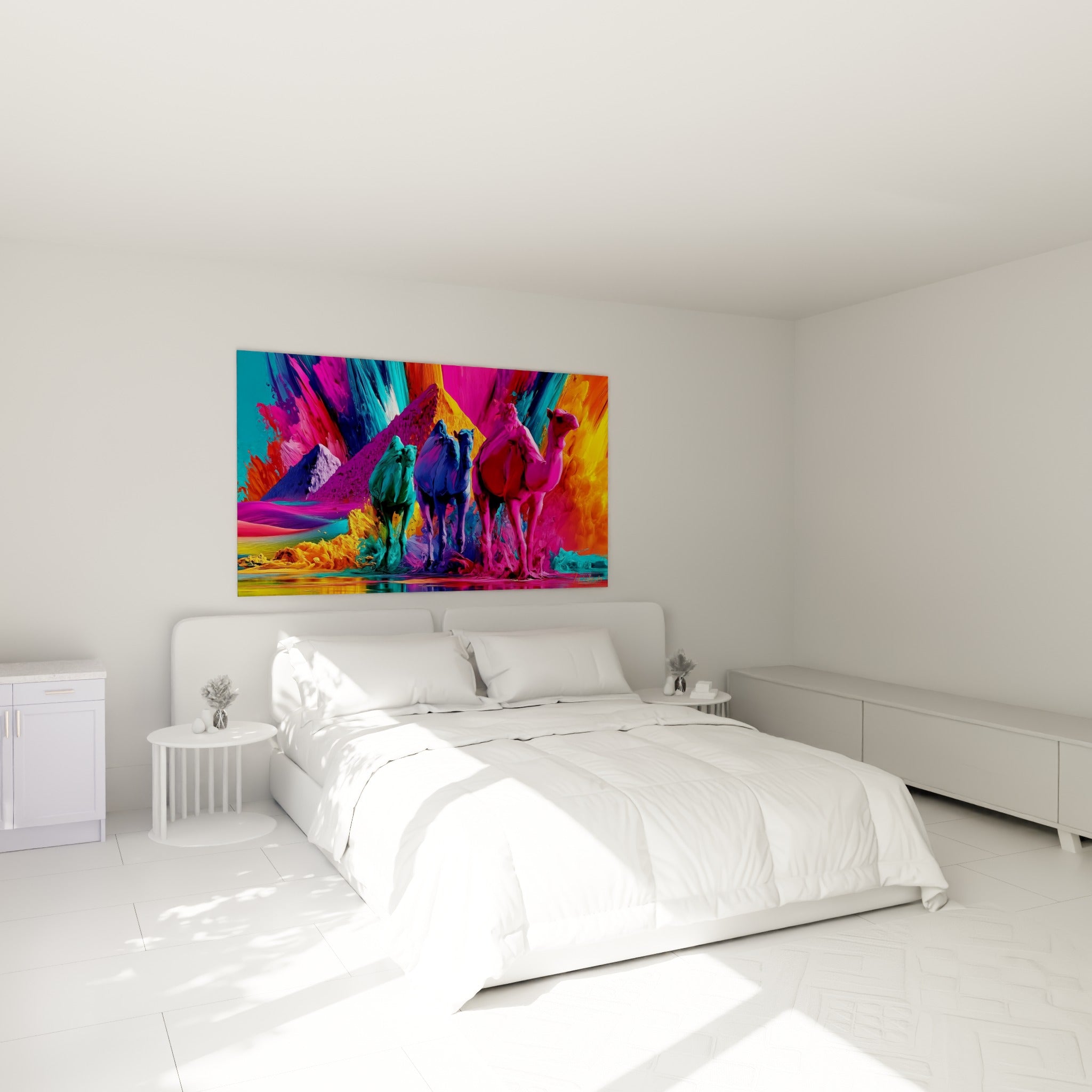 Caravane colorée en turquoise et fuchsia devant pyramides égyptiennes au-dessus d'un lit dans une chambre claire