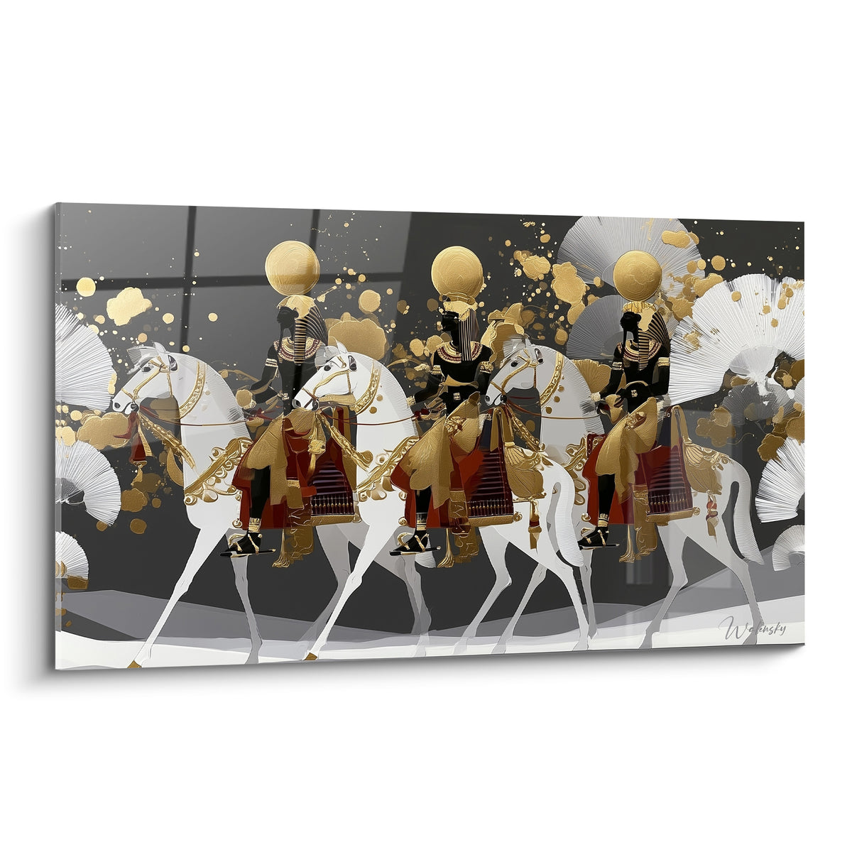 Cavaliers égyptiens dorés et blancs chevauchant sur fond anthracite éclaboussé d'or