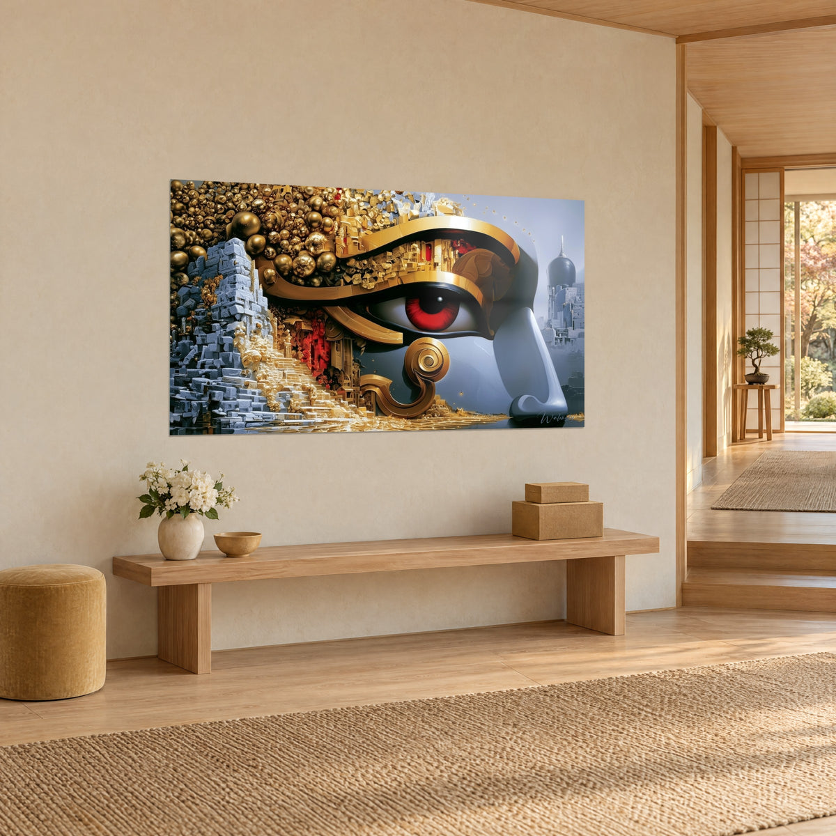 Wall art Egyptian deity with carmine iris, polished gold eyebrow and grey stones in steps, beige wall of a Japandi lounge