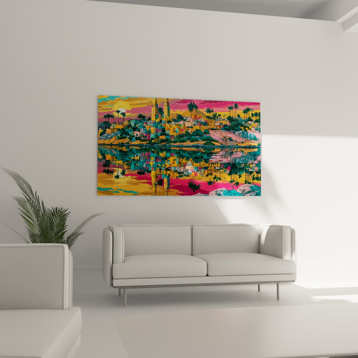 Cité égyptienne rose fuchsia et jaune safran surplombe un canapé dans un salon lumineux et épuré