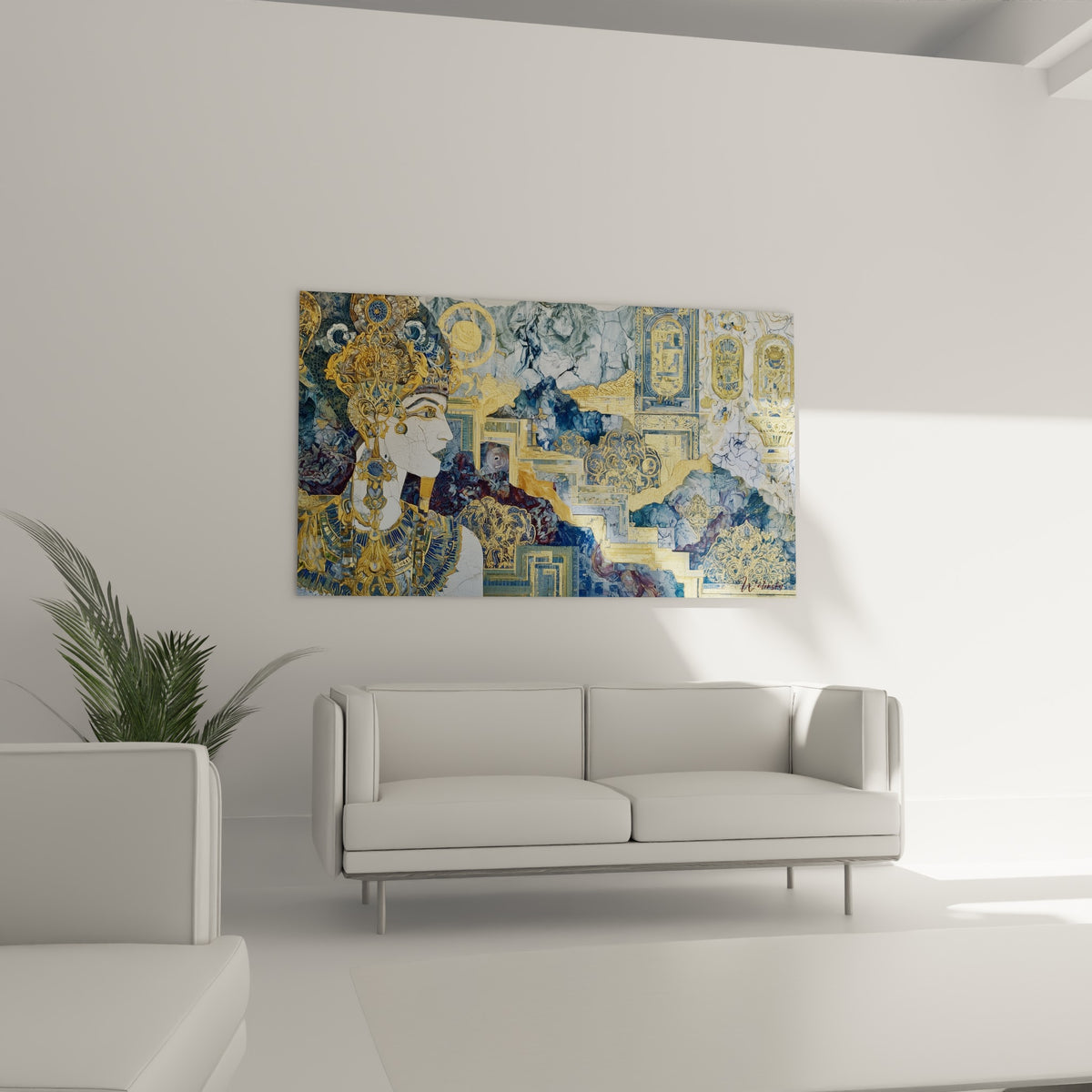 Silhouette royale égyptienne parée d'or et de bleu, au-dessus d'un canapé dans un salon lumineux