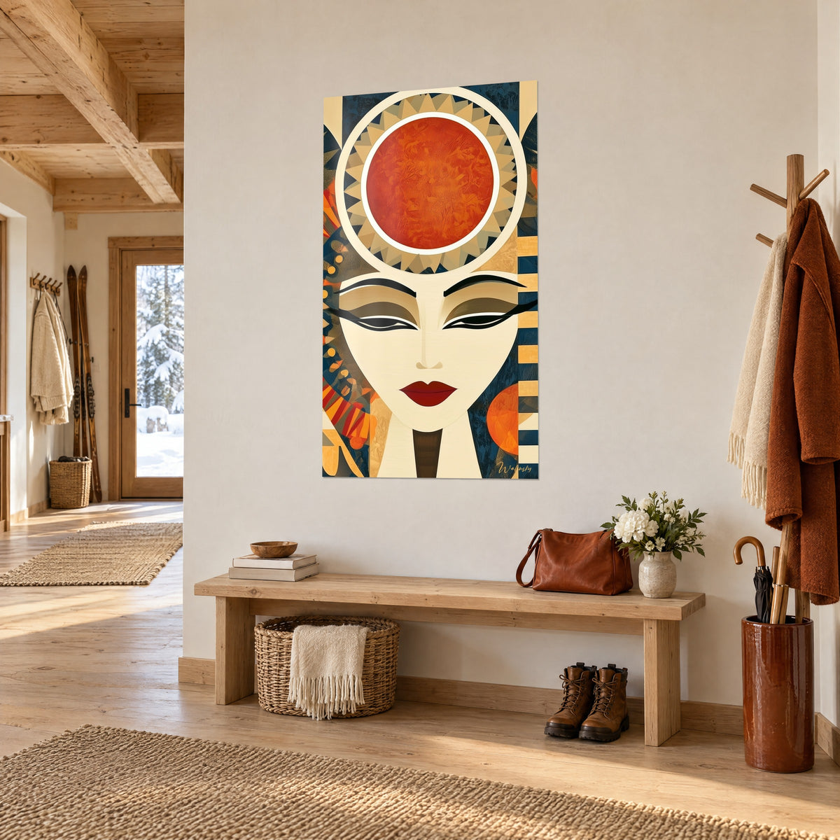 Schilderij gestileerd portret van een farao, oranje zonneschijf en crèmekleurige stralen, nachtblauw en oker, in de hal van een chalet