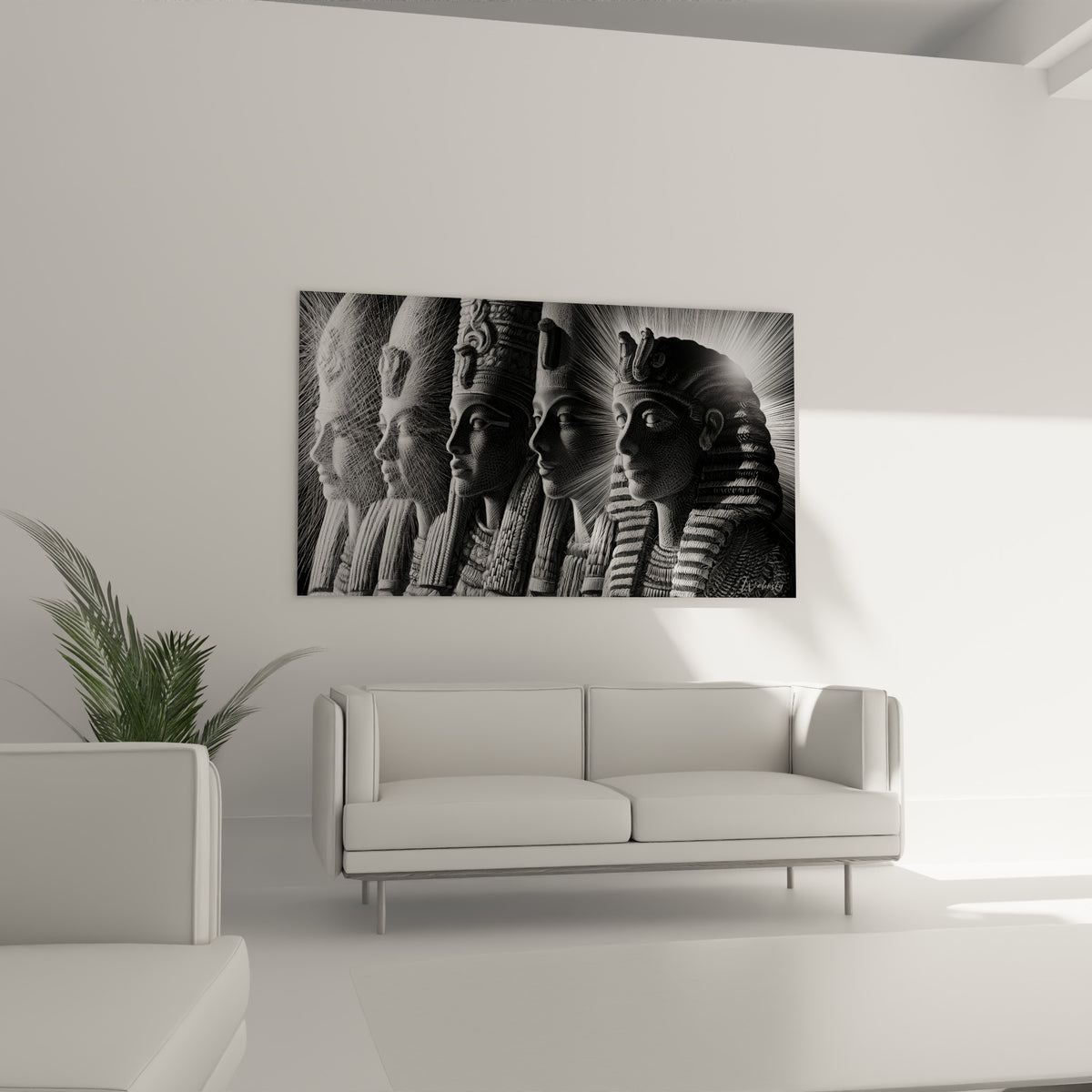 Coiffes royales égyptiennes en nuances de gris, œuvre placée au-dessus d'un canapé dans un salon lumineux