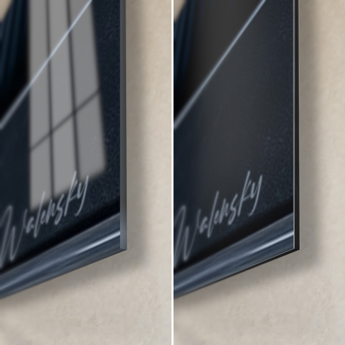 Wall art Egyptian guardian in midnight blue, bottom right corner: glossy acrylic glass reflecting the window, matte black Dibond, 3 mm edge