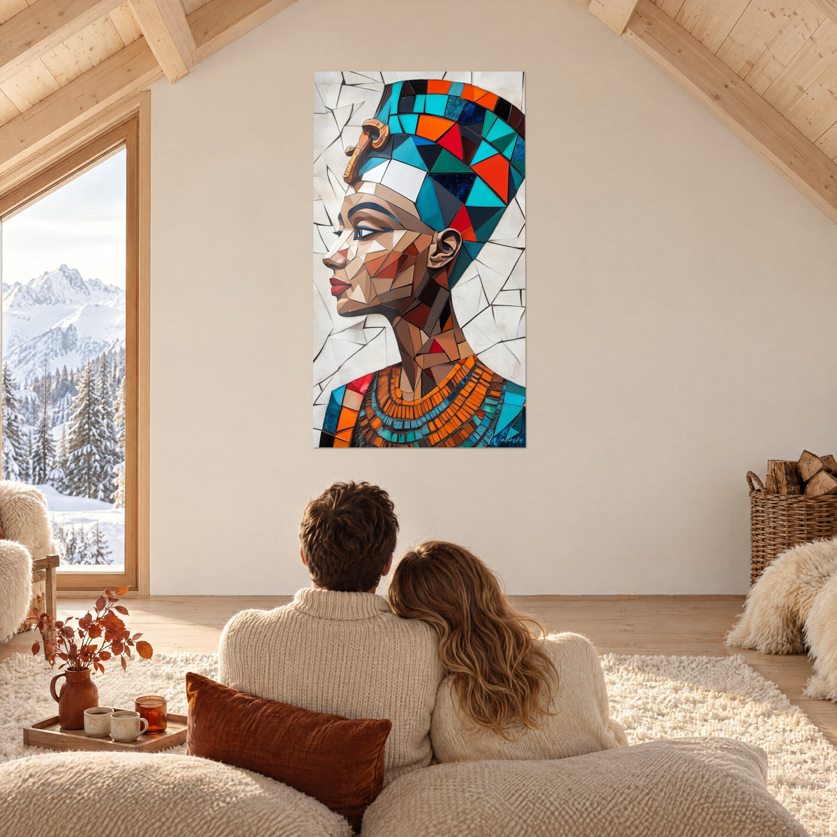Gemälde ägyptische Königin in Mosaik mit karmesinroten Lippen und orangefarbener Halskette, gegenüber dem verschneiten Panoramafenster eines Wohnraums unter einem Sparrendach