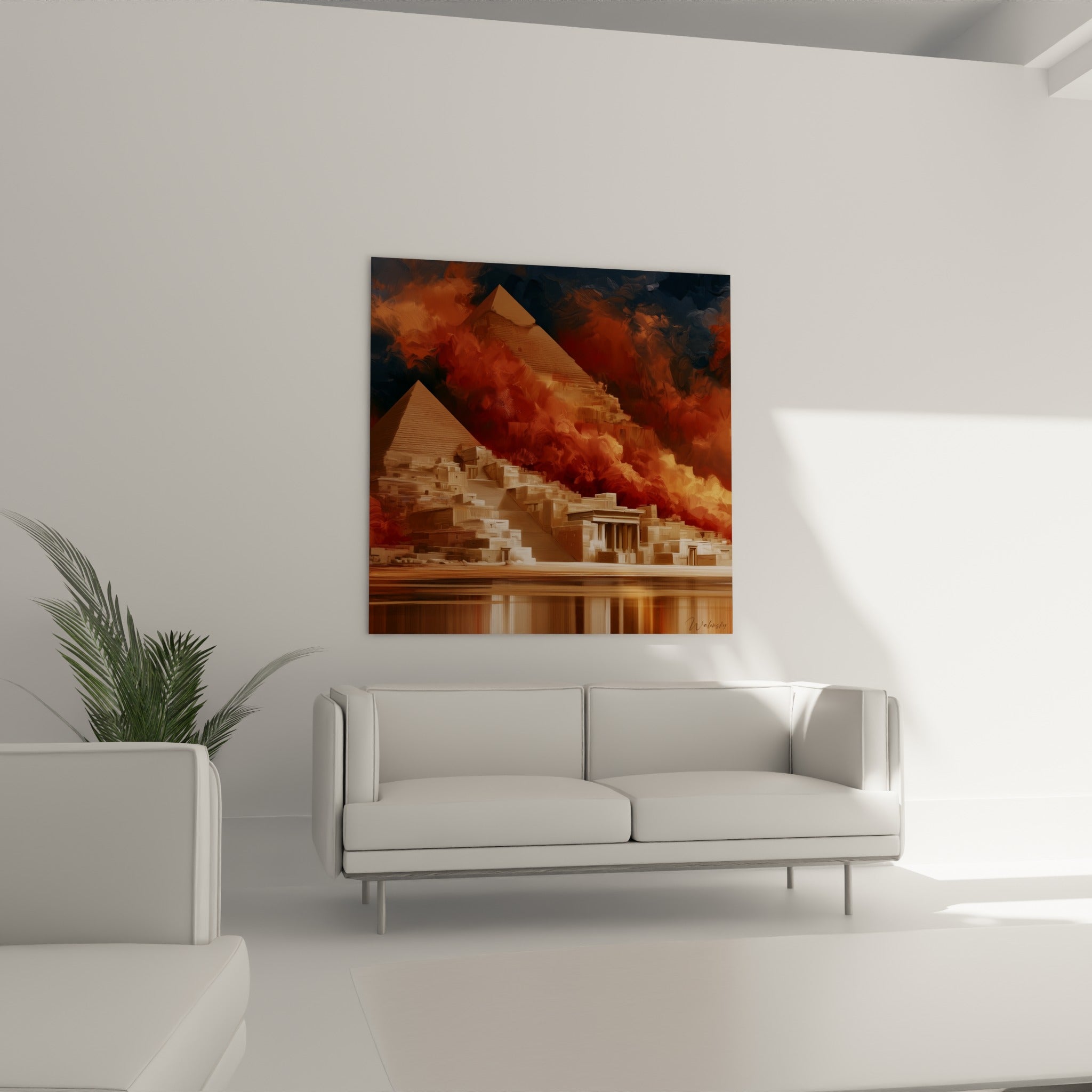 Pyramides fauve et terracotta surplombant des colonnades antiques au-dessus d'un canapé dans un salon lumineux