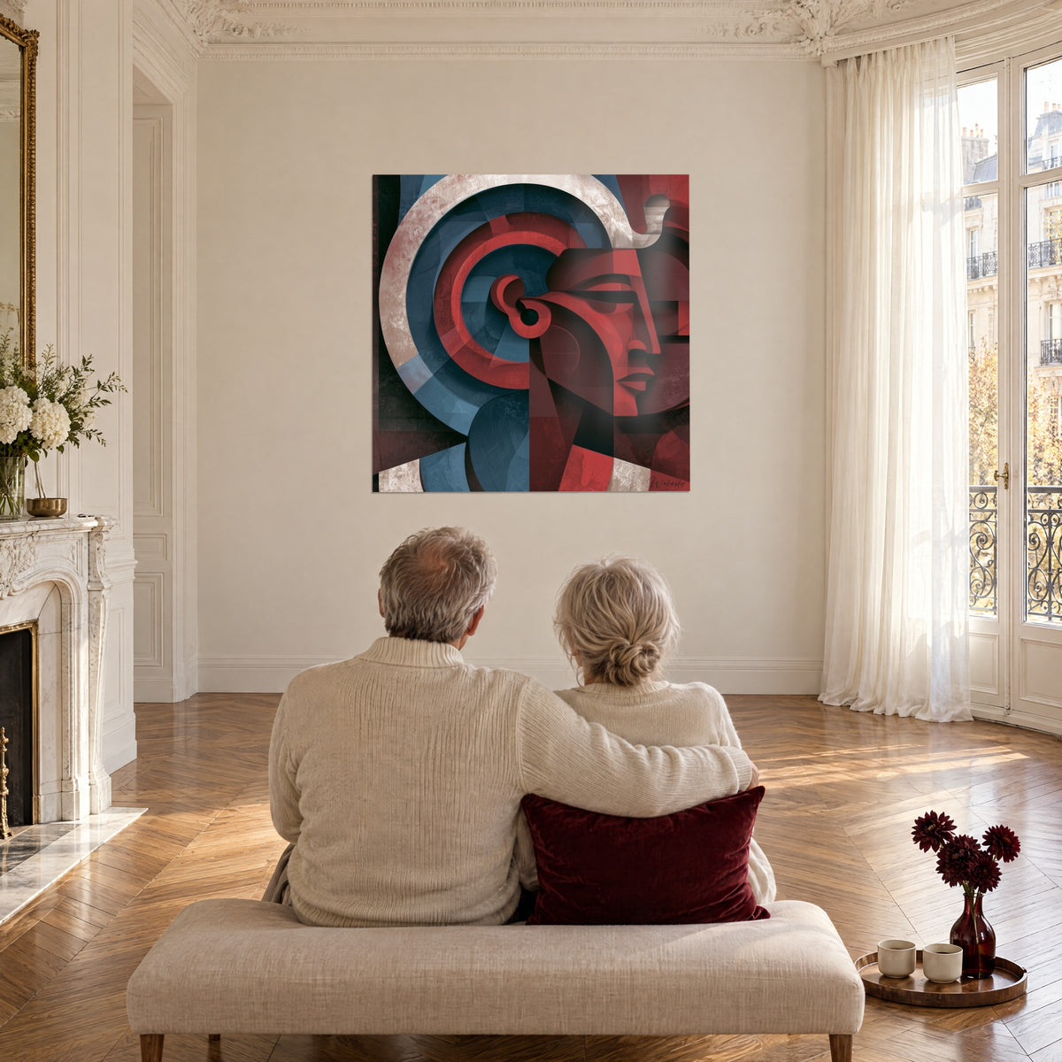 Tableau Pharaon stylisé aux courbes bleues et rouges, couple âgé enlacé de dos sur un banc, salon haussmannien, parquet en chevrons