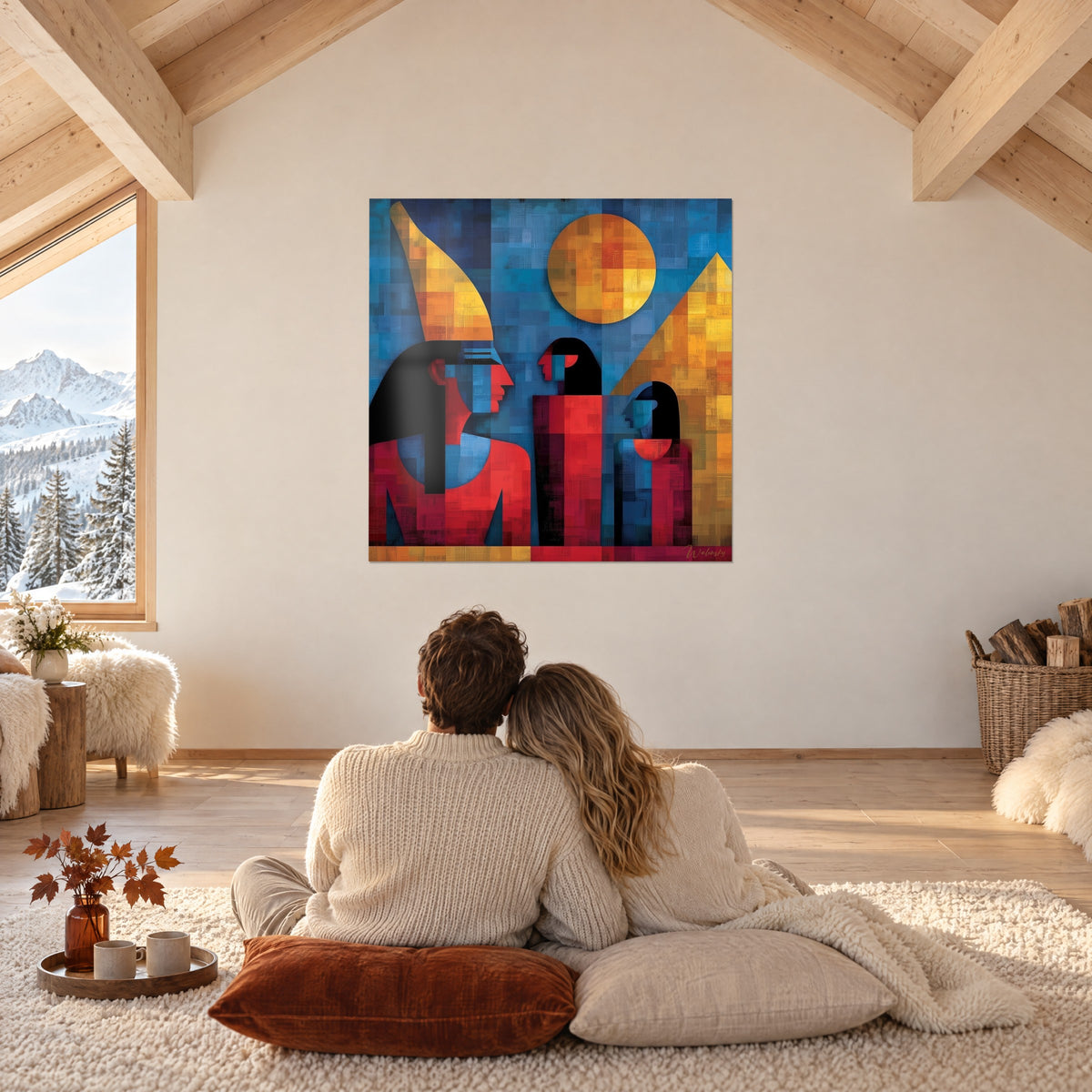 Tableau fresque égyptienne moderne, couronne dorée, visages rouge vif et bleu, pyramide ocre, face à un couple sur un tapis moelleux