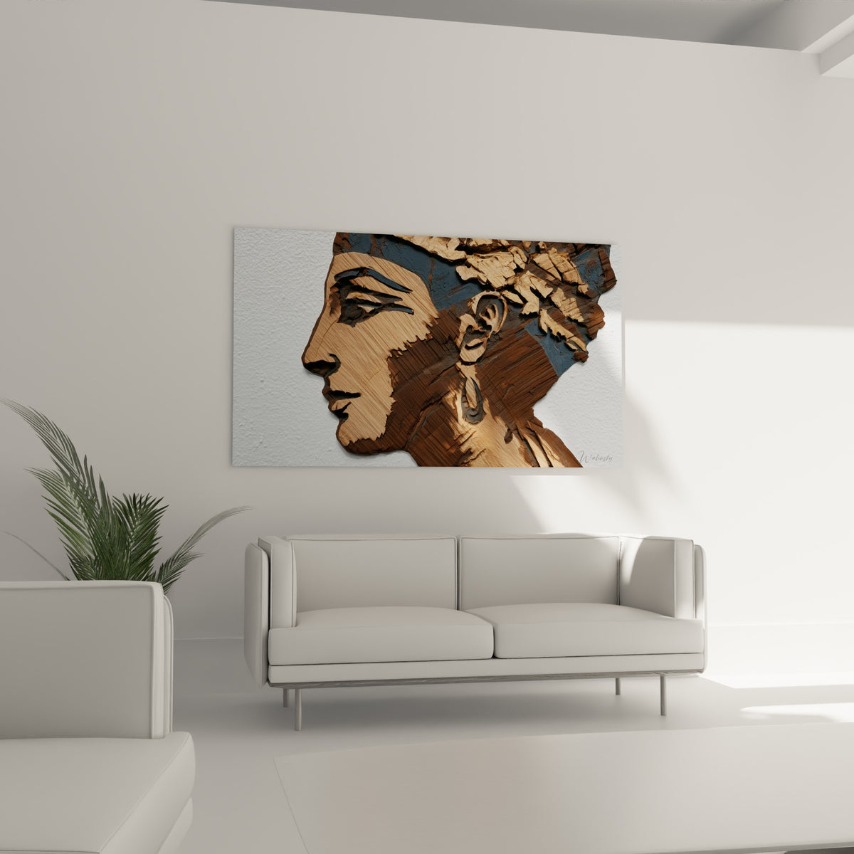 Souverain égyptien terracotta et anthracite en profil, suspendu au-dessus d'un canapé dans un salon lumineux