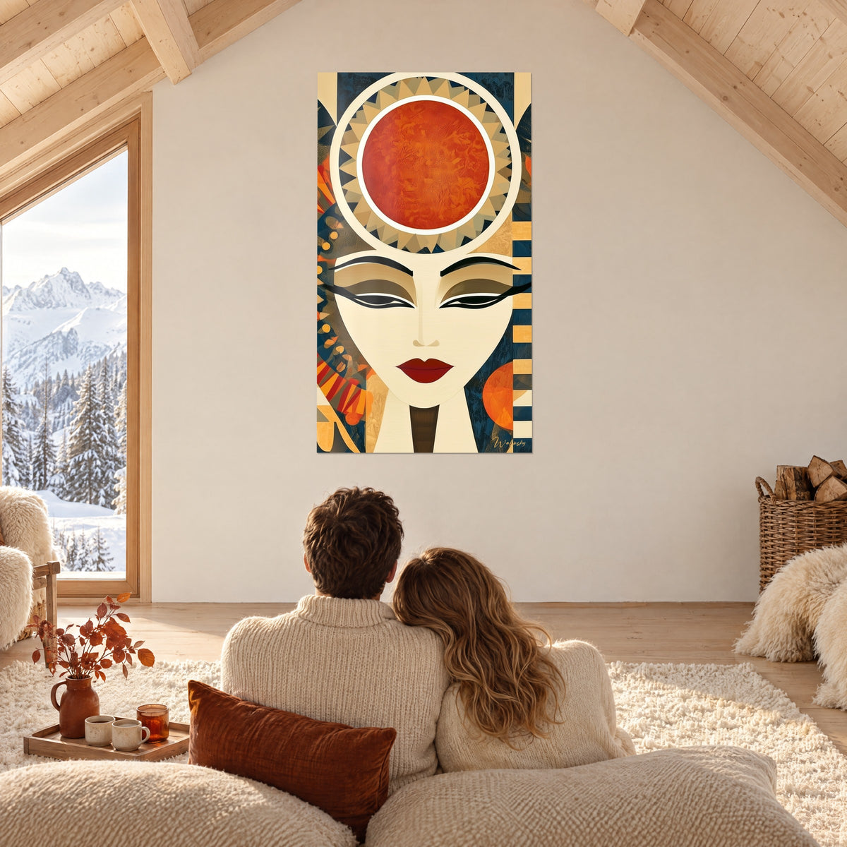 Schilderij zonnegodheid met zuivere trekken, oranje schijf op crème en marineblauw, witte muur van een chalet tegenover de besneeuwde toppen