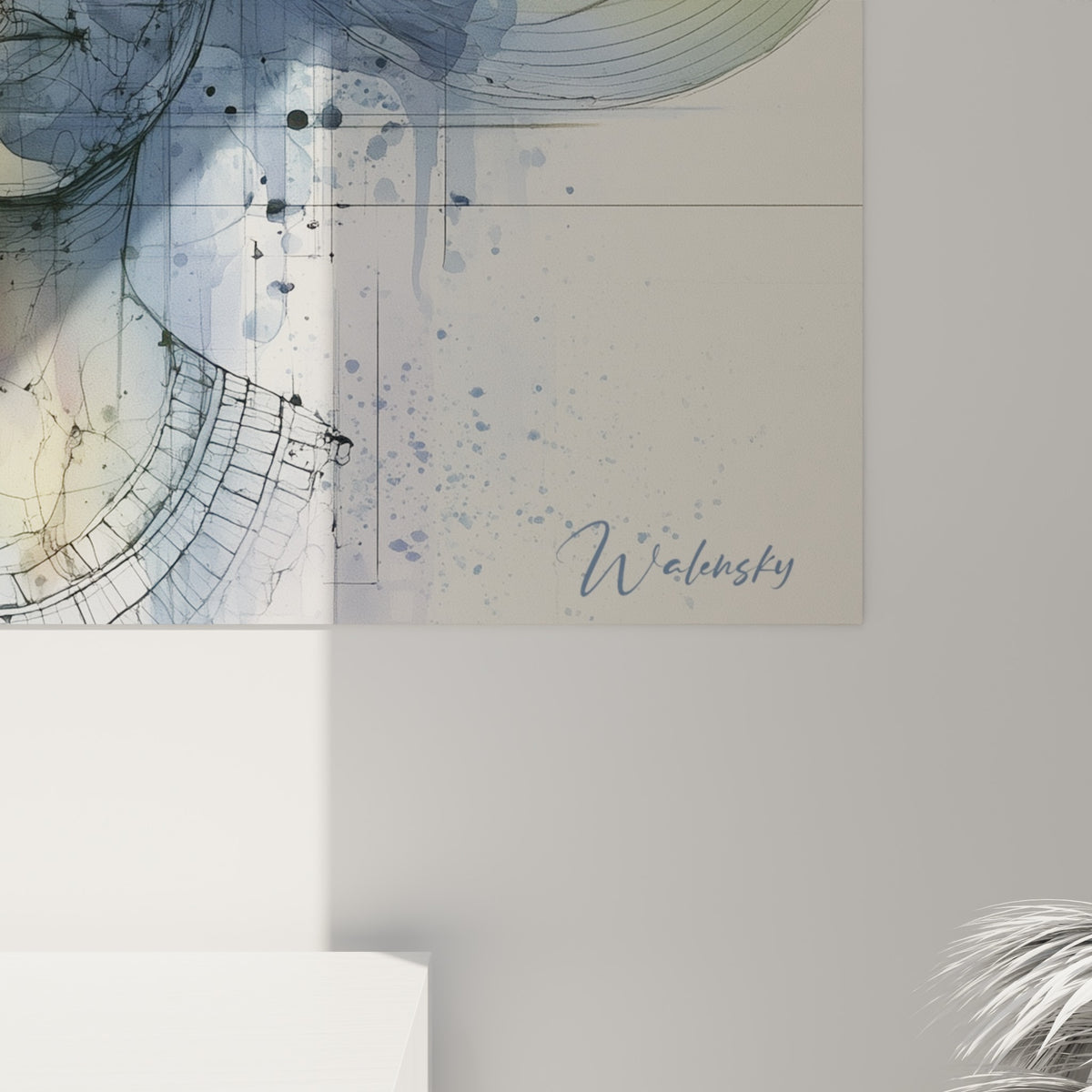 Détail des traits fins et des coulures ocre et bleu marine sur ce tableau égyptien accroché