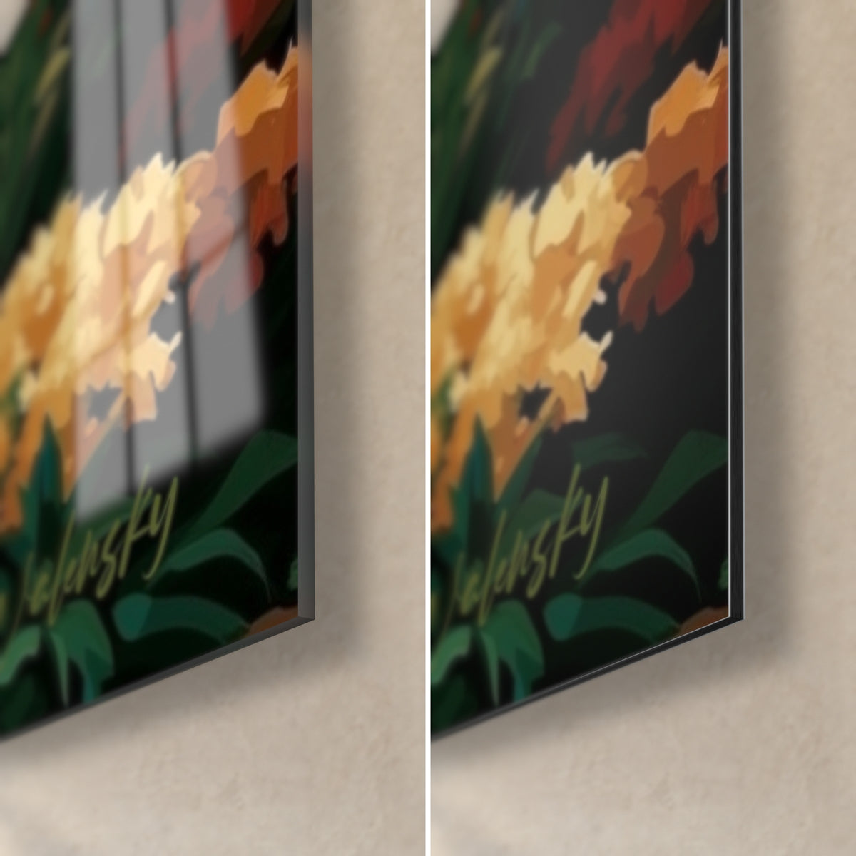 Schilderij van Egyptische ruïnes, lichtgele bloemen en donkergroen gebladerte, rechtsonder hoek in glanzend glas en mat Dibond, 3 mm dik