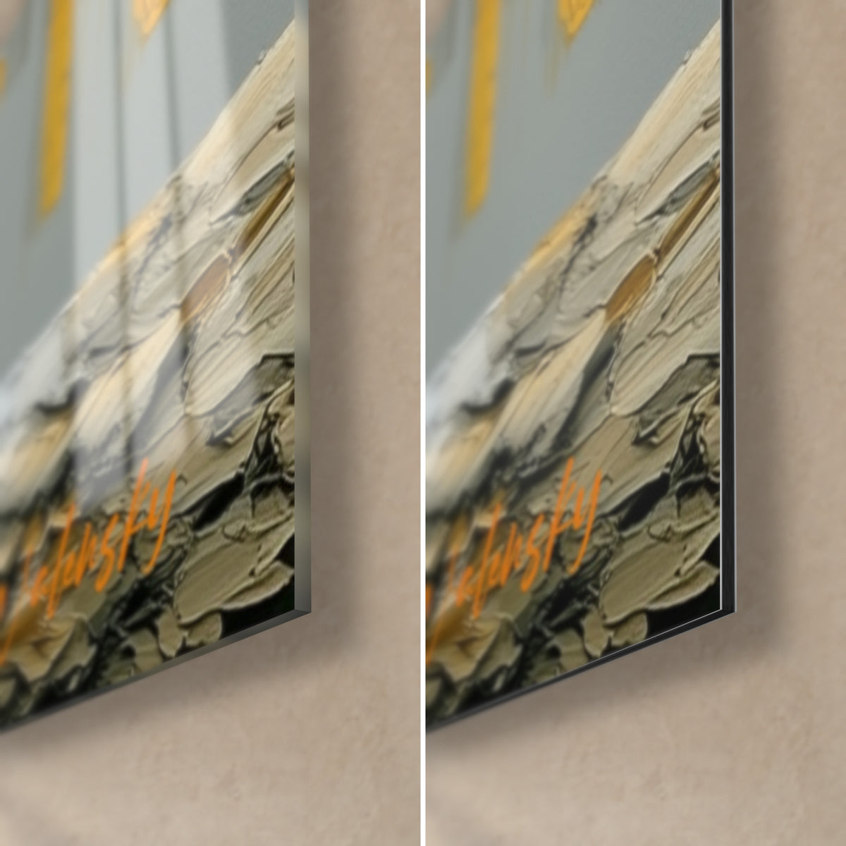 Quadro Egitto con rilievo a spatola in ocra e grigio perla: angolo in basso a destra in vetro lucido e alluminio Dibond opaco, spessore 3 mm