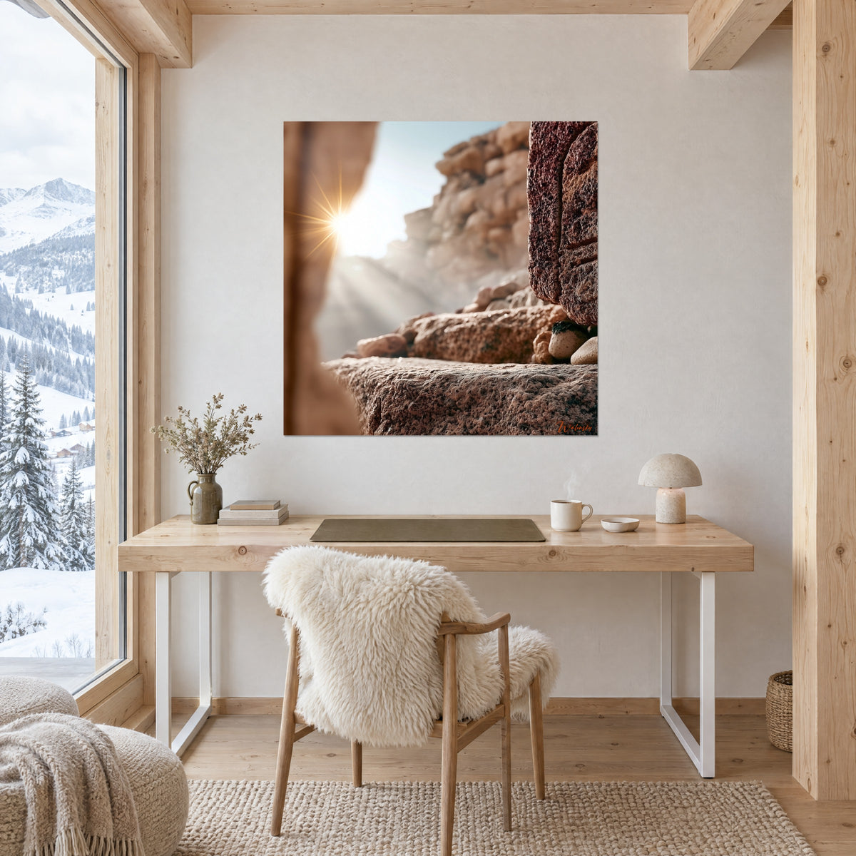 Gemälde eines sandigen Höhleneingangs, weißer Sonnenglanz und ockerfarbene Klippe, an der Wand eines Büros aus hellem Holz mit Sessel aus Schaffell