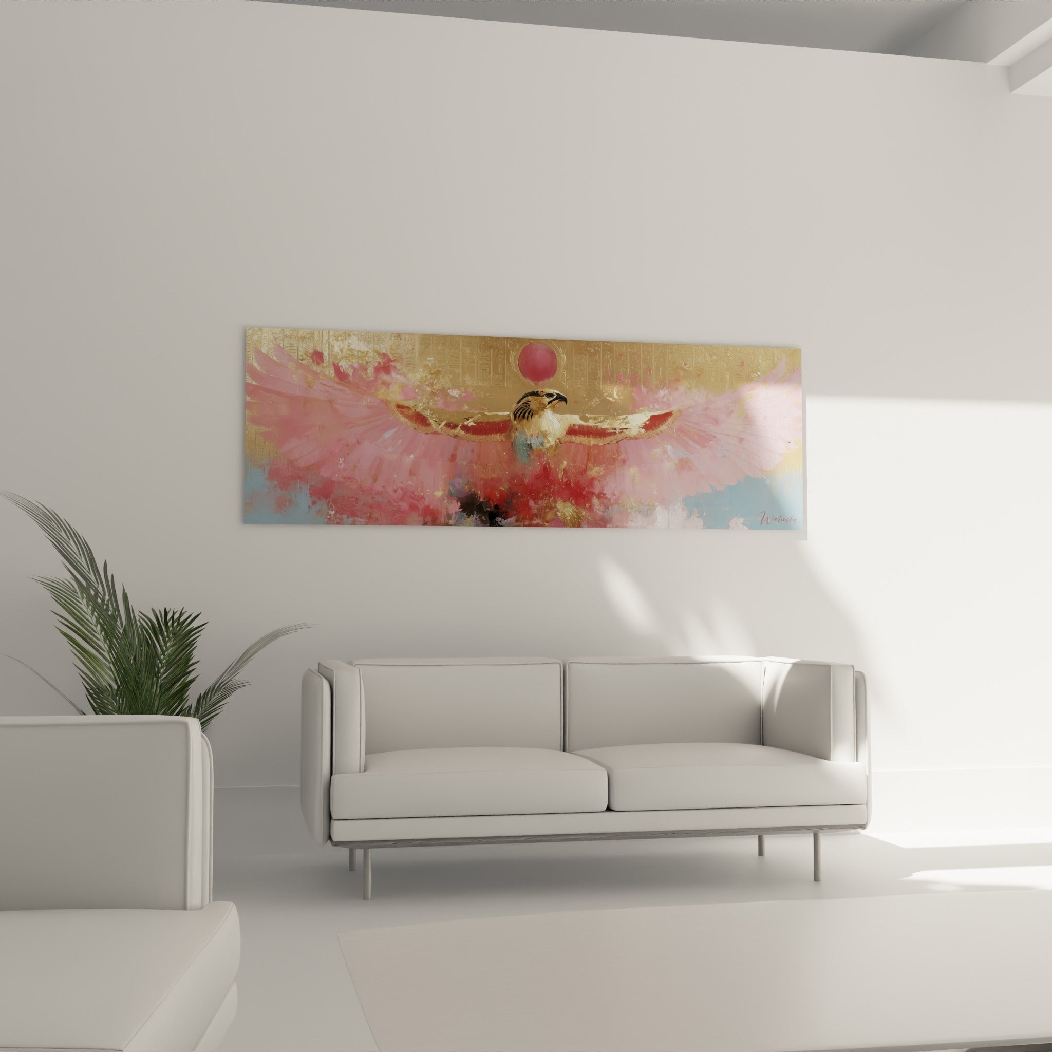 Silhouette du faucon aux tons rosés et bleu pastel accrochée au-dessus d'un canapé dans un salon lumineux