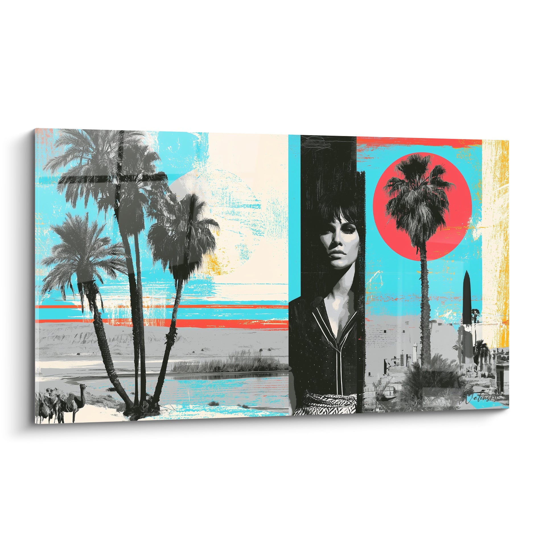 Femme au regard mystérieux entourée de palmiers gris et d'un soleil corail sur fond turquoise