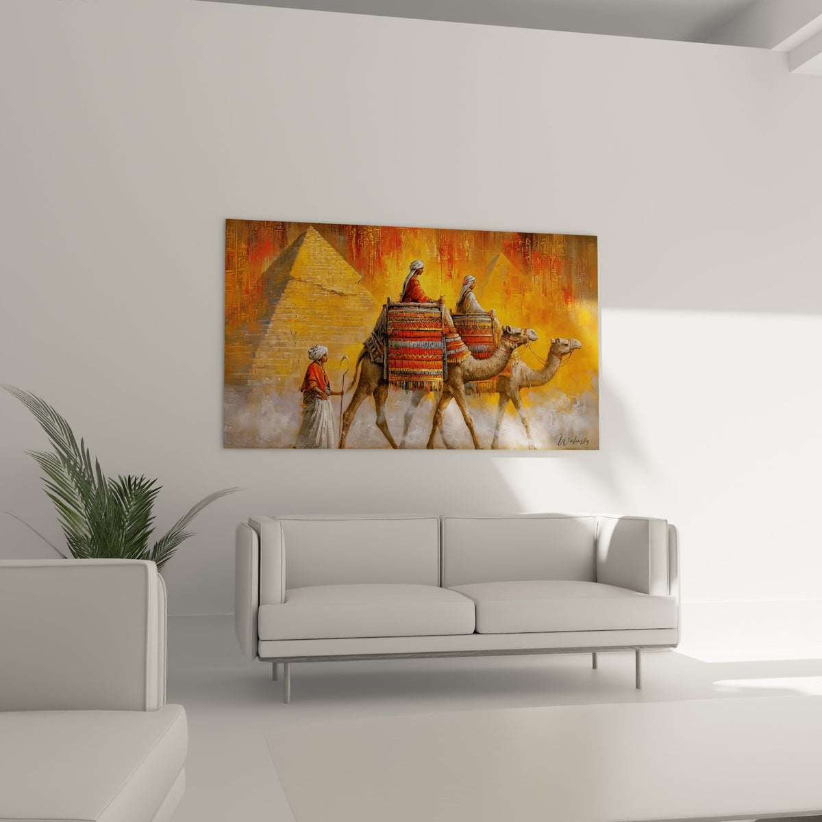 Guides égypte en tenue blanche et rouge menant une caravane au-dessus d'un canapé dans un salon lumineux