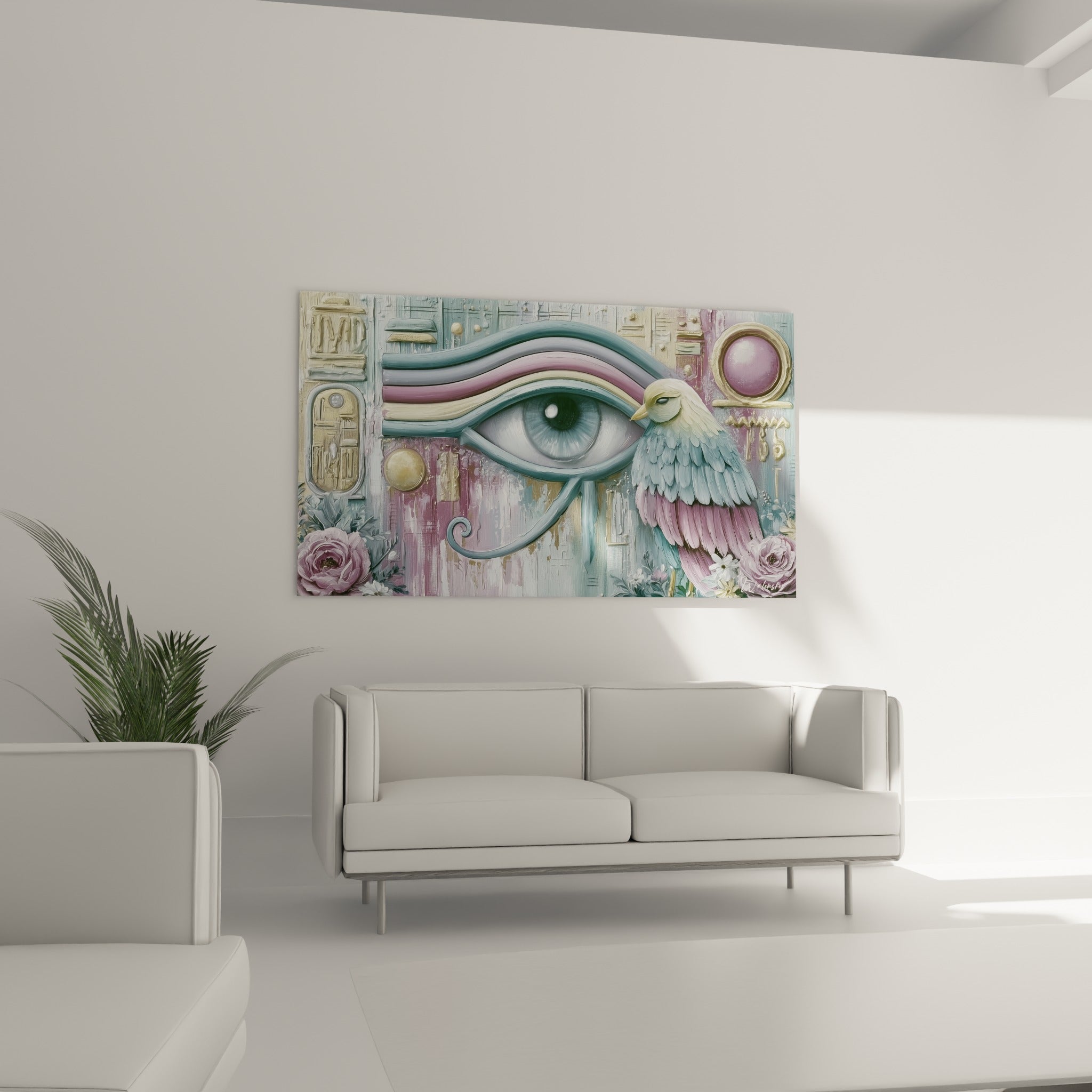 Oiseau aux plumes bleu gris et roses accompagnant l'œil d'Horus au-dessus d'un canapé dans un salon lumineux