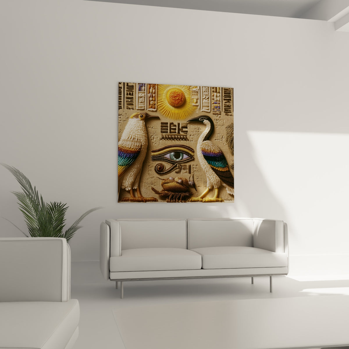 Hiéroglyphes ocre et soleil ambré egypte au-dessus d'un canapé dans un salon lumineux