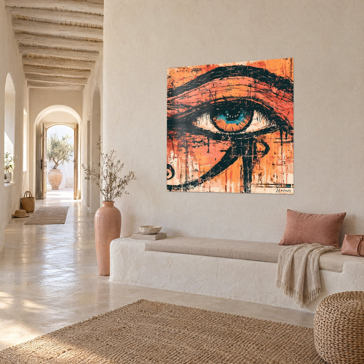 Wall art ancient Egyptian gaze with black drips on coral and apricot background, white wall of an arched vaulted corridor