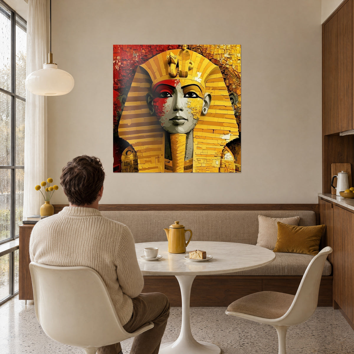Schilderij portret van Toetanchamon met gouden verfschilfers op een donkerrode achtergrond, tegenover een ronde witte tafel en theepot