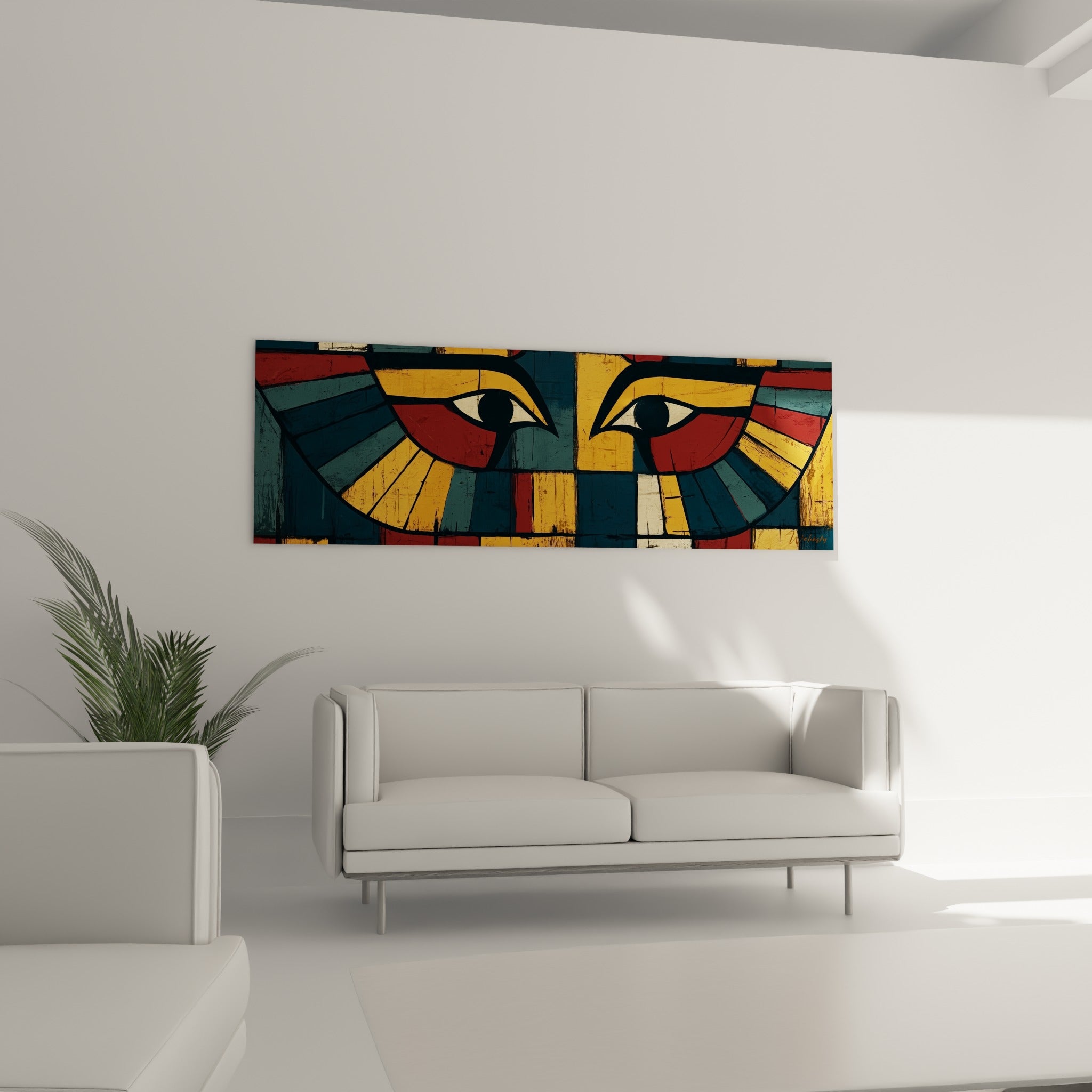 Motif egypte bleu pétrole et jaune doré disposé au-dessus d'un canapé dans un salon lumineux