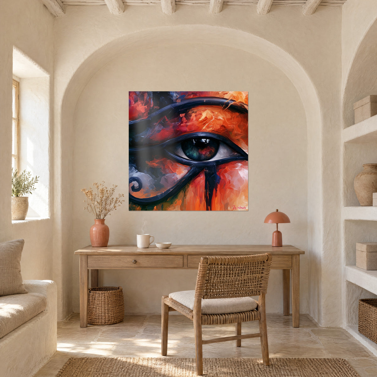 Quadro occhio egizio a spatola, arancio fiammeggiante e antracite, in una nicchia ad arco sopra una scrivania di legno