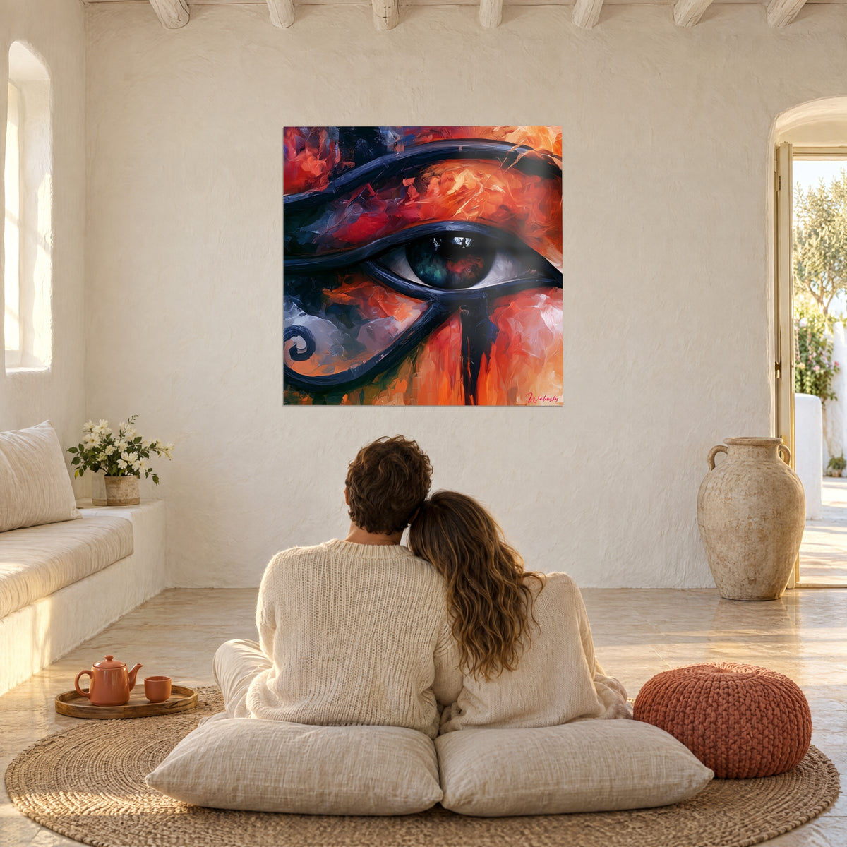 Quadro Horus dallo sguardo profondo, arancio bruciato e nero inchiostro, di fronte a una coppia seduta su cuscini chiari, salotto bianco