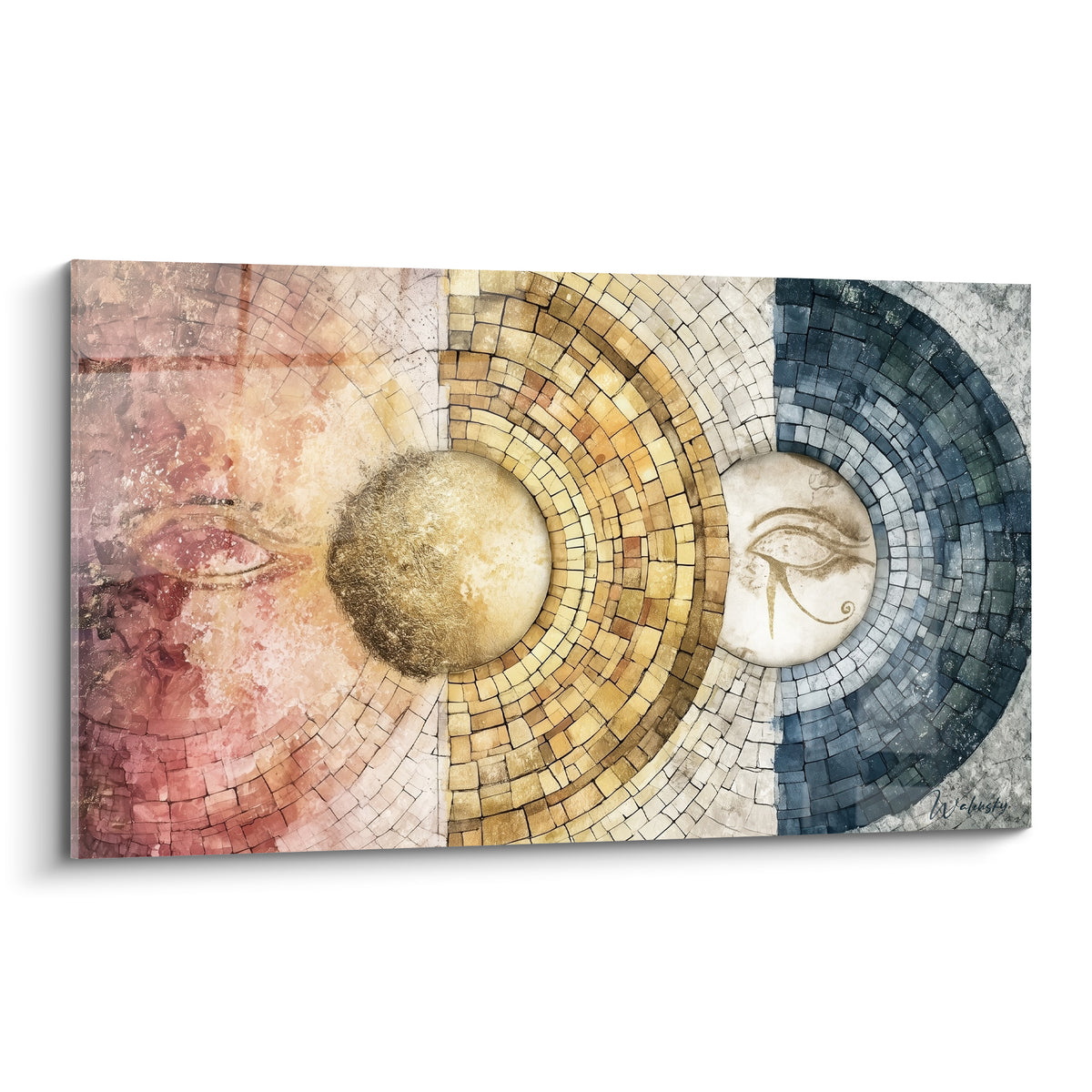 Œil d'Horus doré et mosaïque bleu anthracite sur fond ocre, tableau égypte panoramique symétrique