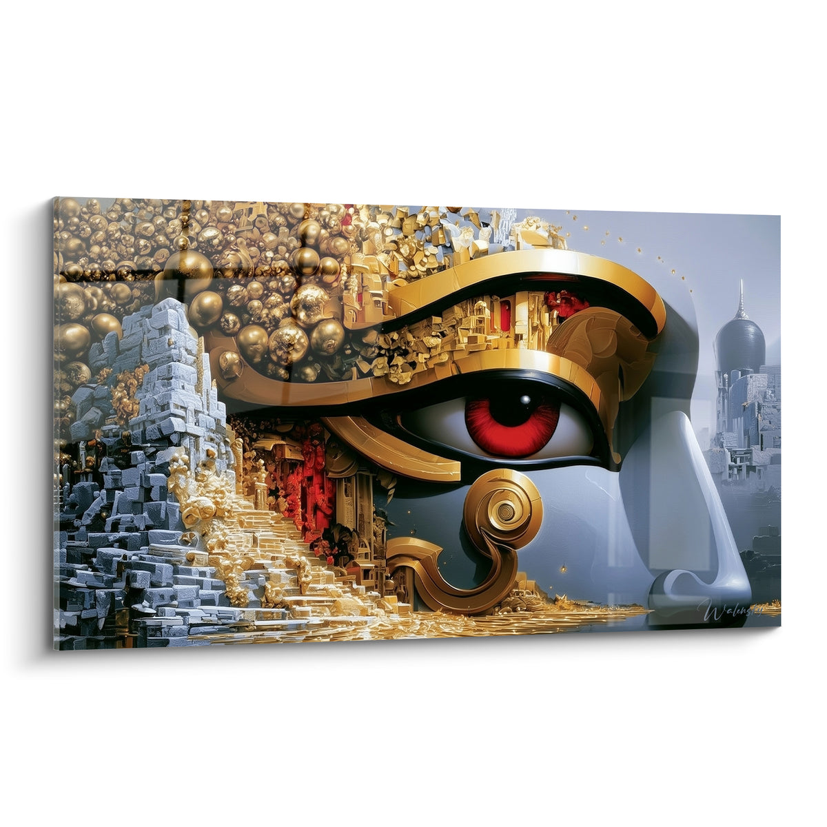Œil d'Horus doré aux détails architecturaux gris et iris rouge intense sur toile murale
