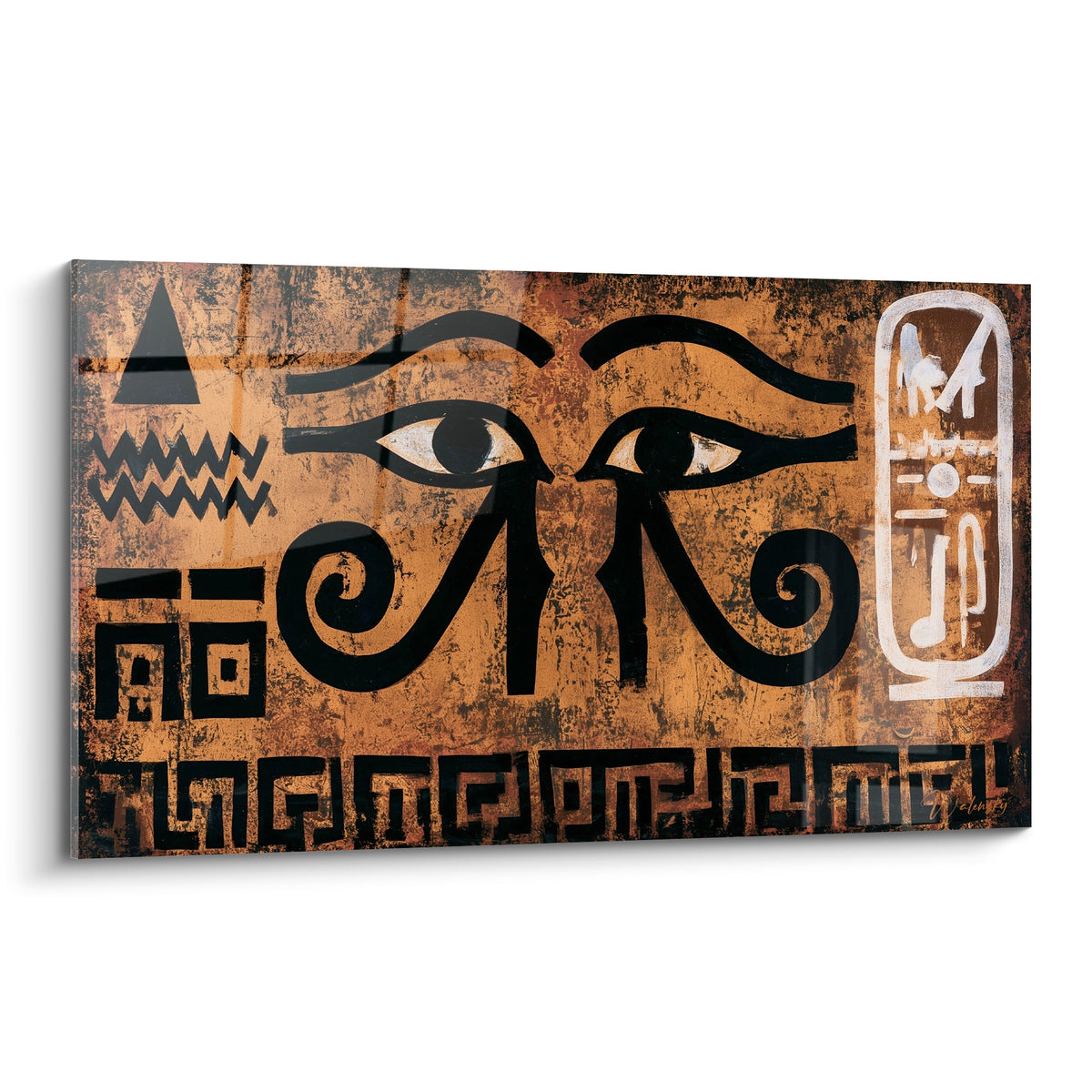 Œil d'Horus noir sur fond ocre craquelé, symbole égyptien peint façon pierre antique