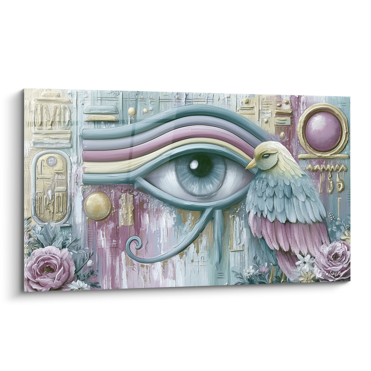 Œil d'Horus rose poudré et bleu gris avec oiseau doré sur fond hiéroglyphique égyptien