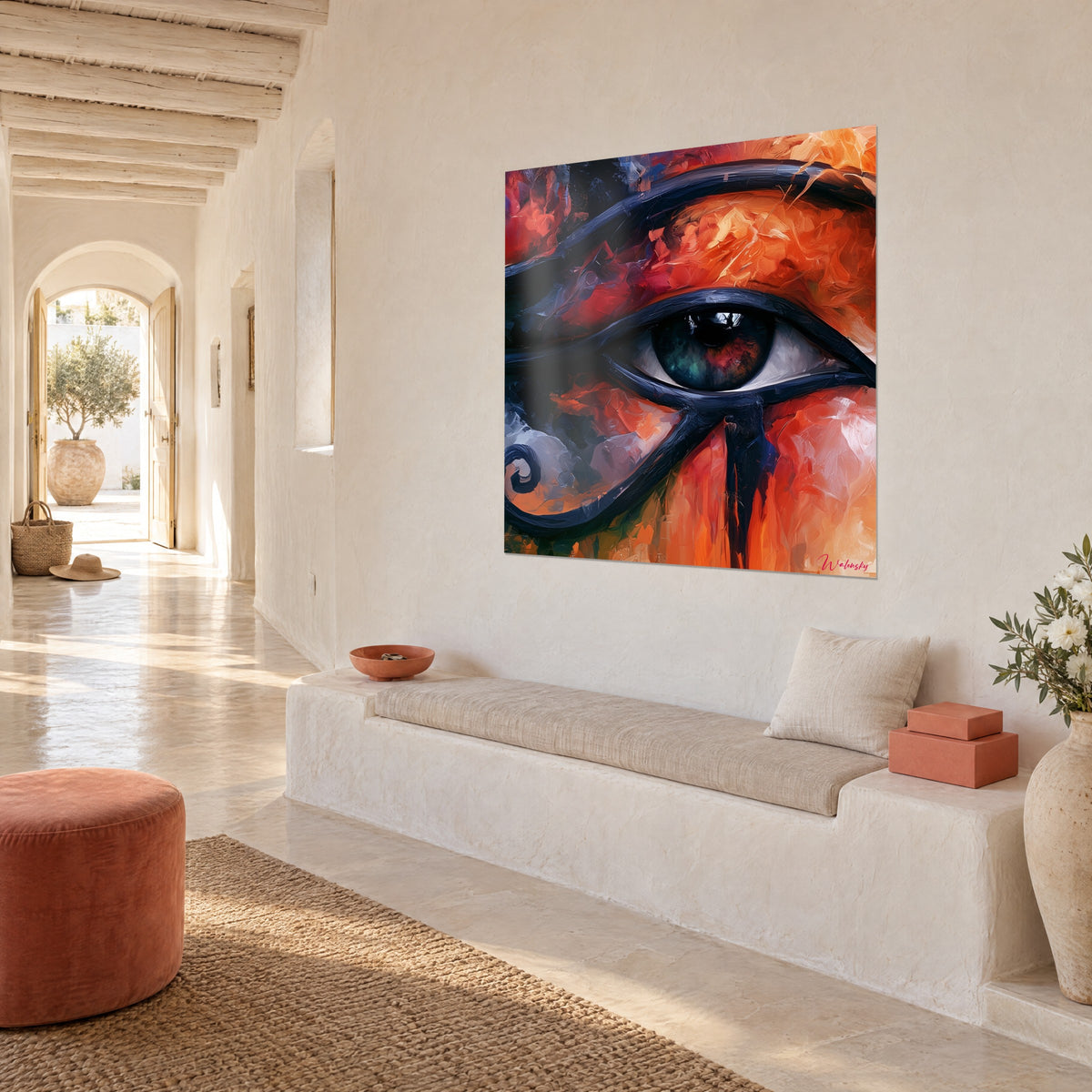 Quadro sguardo egizio dipinto in arancio vivace e nero bluastro, iride scura, vista di tre quarti, panchina bianca arrotondata