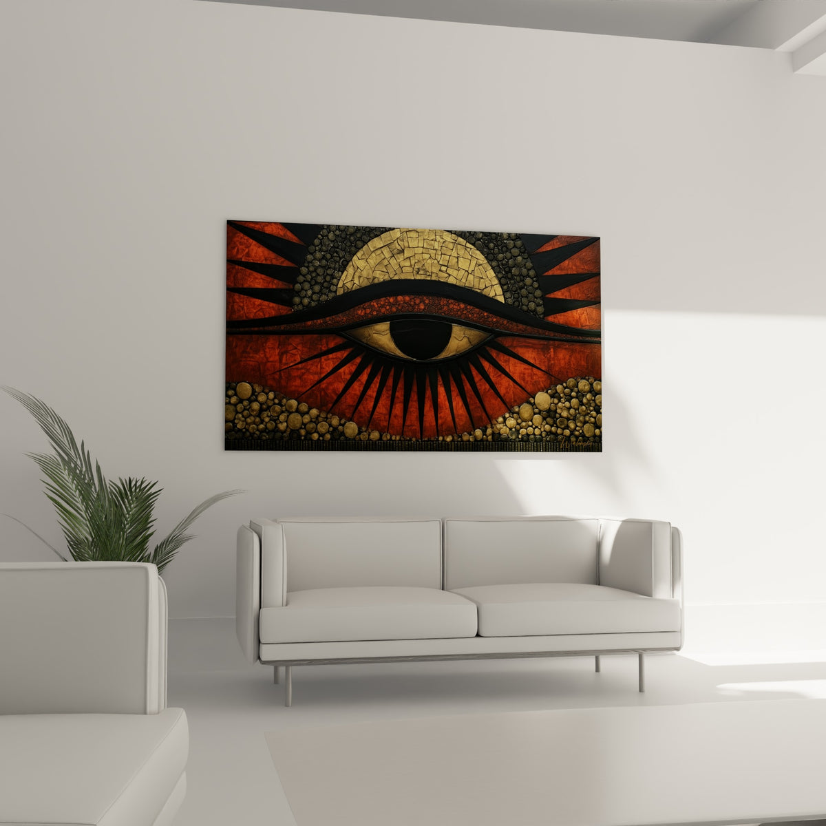 Symbole égyptien terracotta et or accroché au-dessus d'un canapé dans un salon lumineux