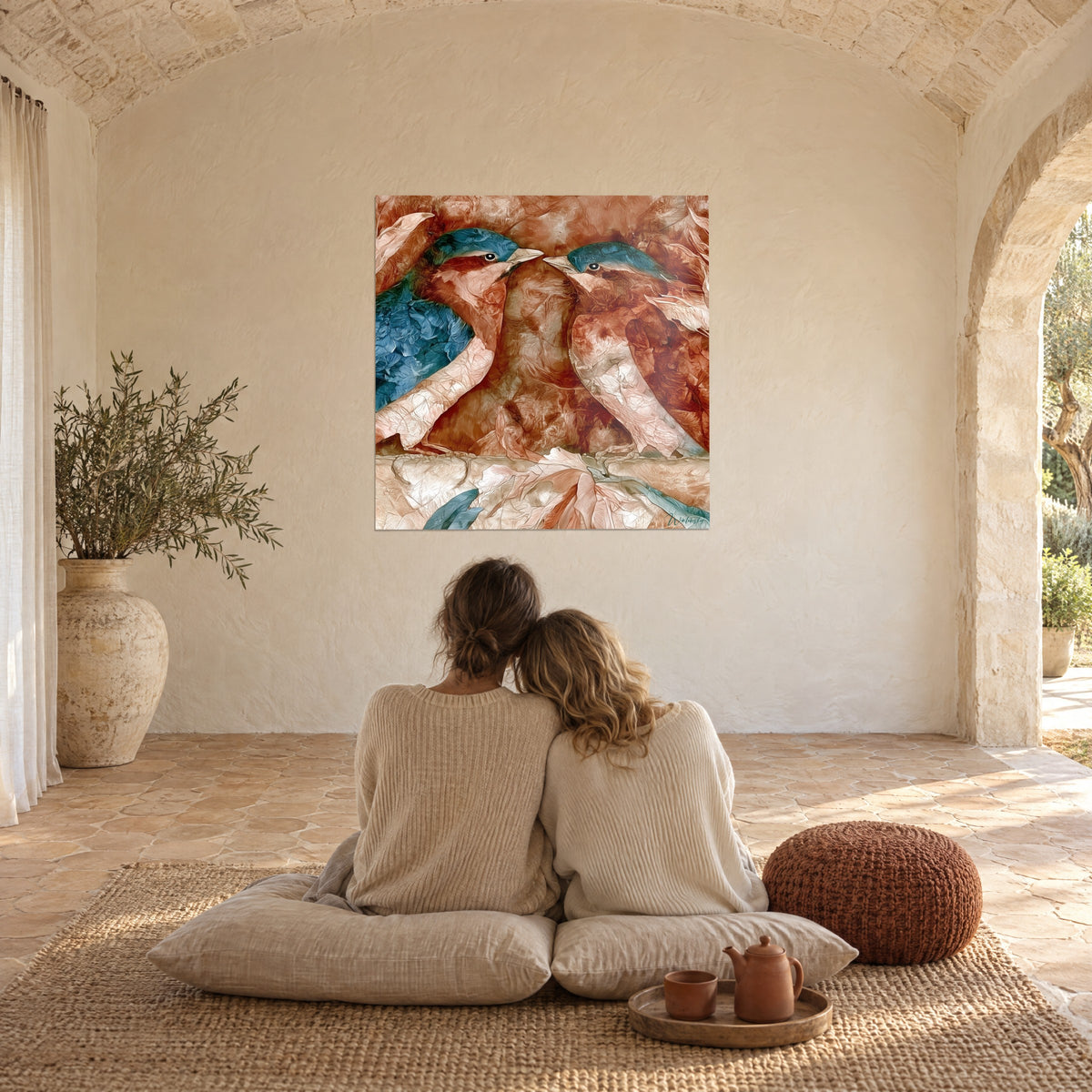 Tableau oiseaux bleus et cuivrés en tête-à-tête, fleurs pâles au premier plan, face à un couple assis sur des coussins, mas provençal
