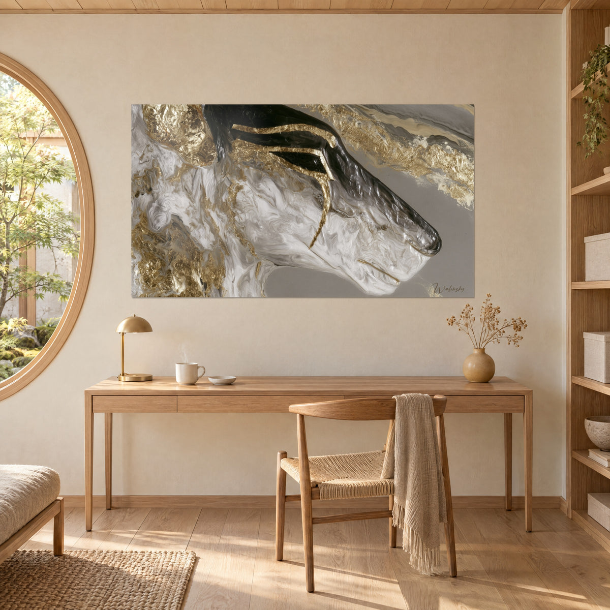 Tableau bête du désert aux courbes noires et or sur marbrures ivoire, mur crème, au-dessus d'un bureau en chêne clair