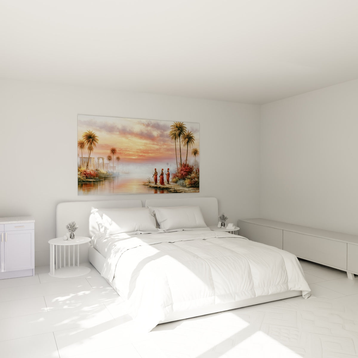 Fleuve égyptien aux teintes rose et orange, palmiers dorés, au-dessus d'un lit dans une chambre claire