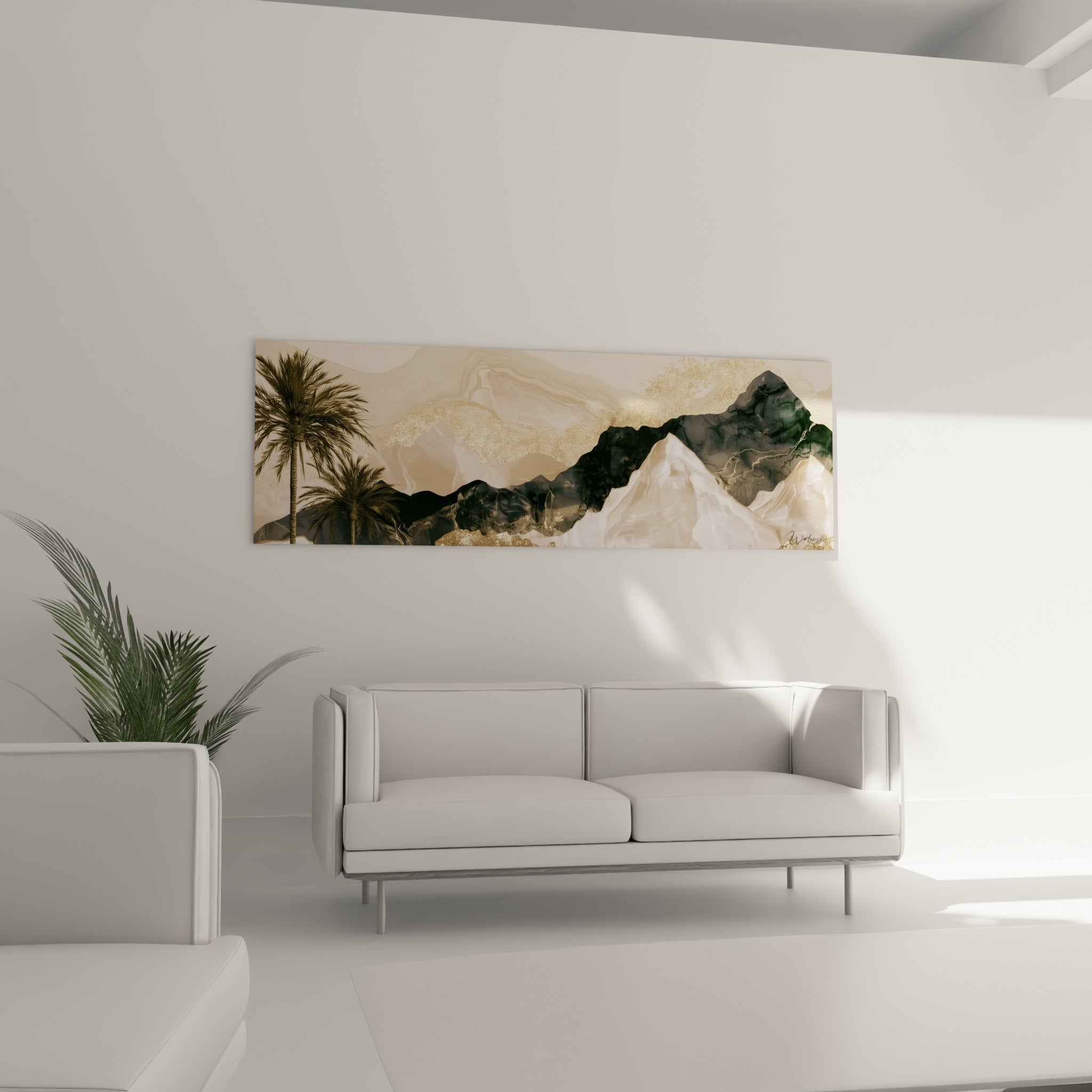 Reliefs marbrés beige et anthracite avec palmiers au-dessus d'un canapé dans un salon lumineux