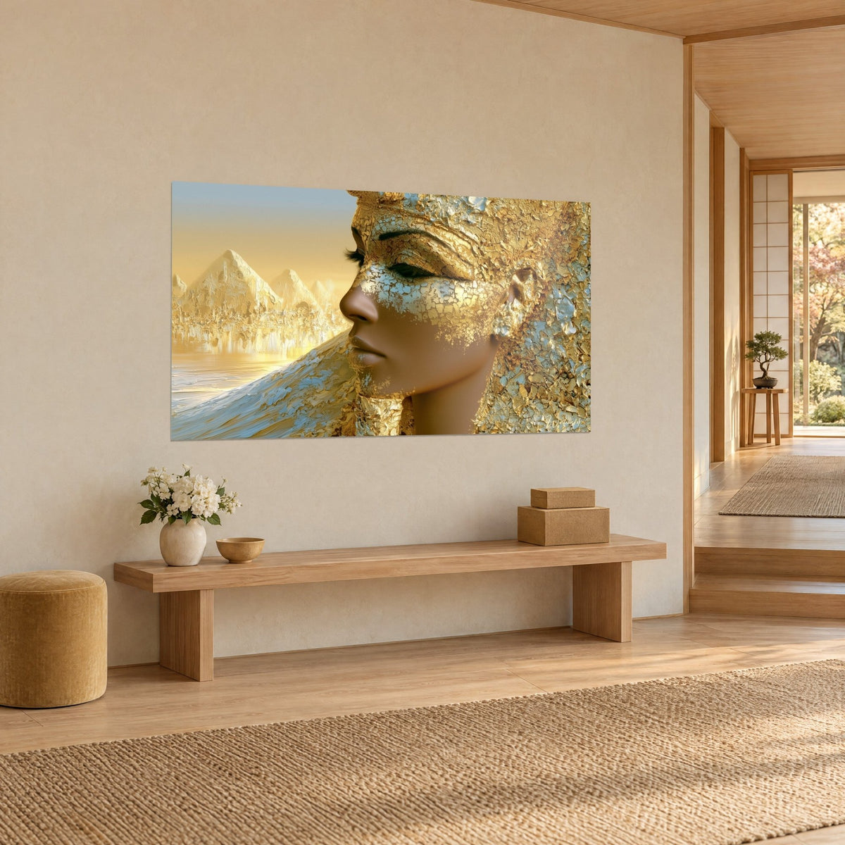 Tableau pharaonne au visage bronzé couvert de feuilles d'or craquelées, pyramides dorées et dune bleutée, sur un mur crème de couloir japandi